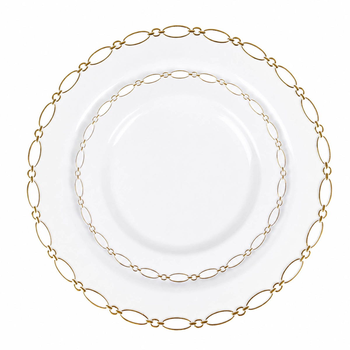 20 Pack White Plastic Dessert Plates, 7" Round with Gold Interlocking Chain Rim - Disposable Appetiz