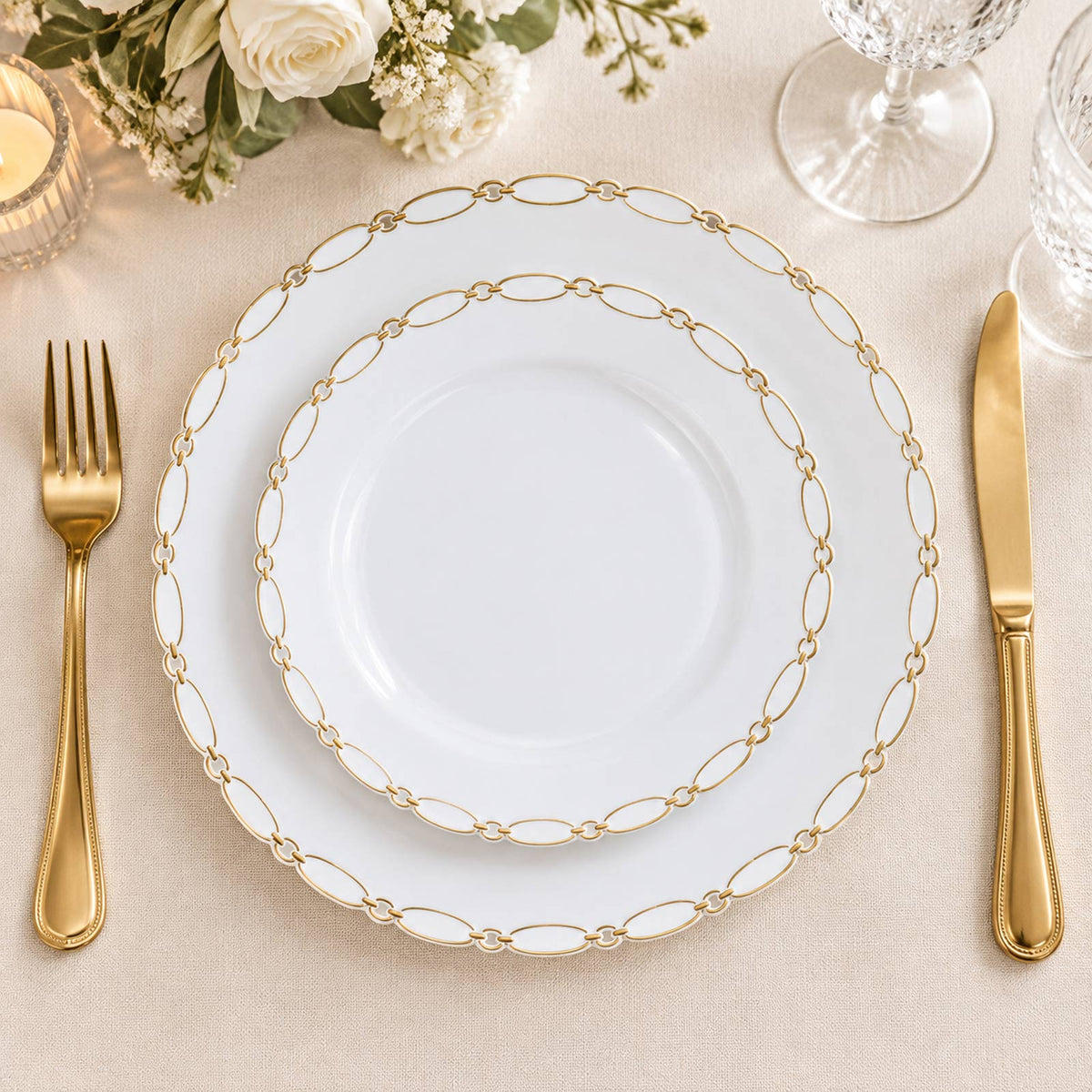 20 Pack White Plastic Dessert Plates, 7" Round with Gold Interlocking Chain Rim - Disposable Appetiz