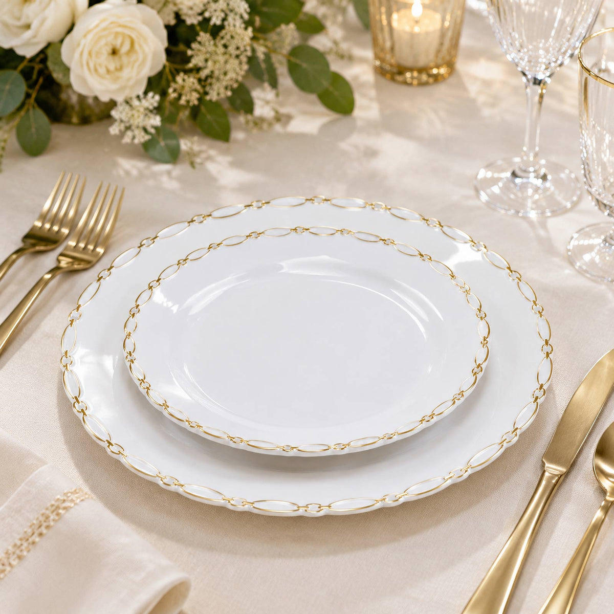 20 Pack White Plastic Dessert Plates, 7" Round with Gold Interlocking Chain Rim - Disposable Appetiz