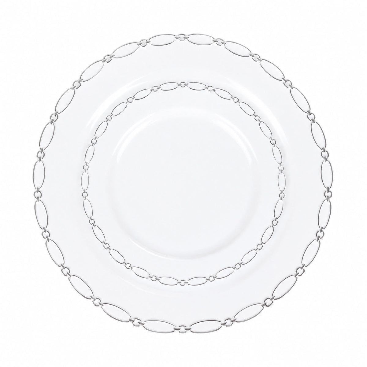 20 Pack White Plastic Dessert Plates, 7" Round with Silver Interlocking Chain Rim - Disposable Appet