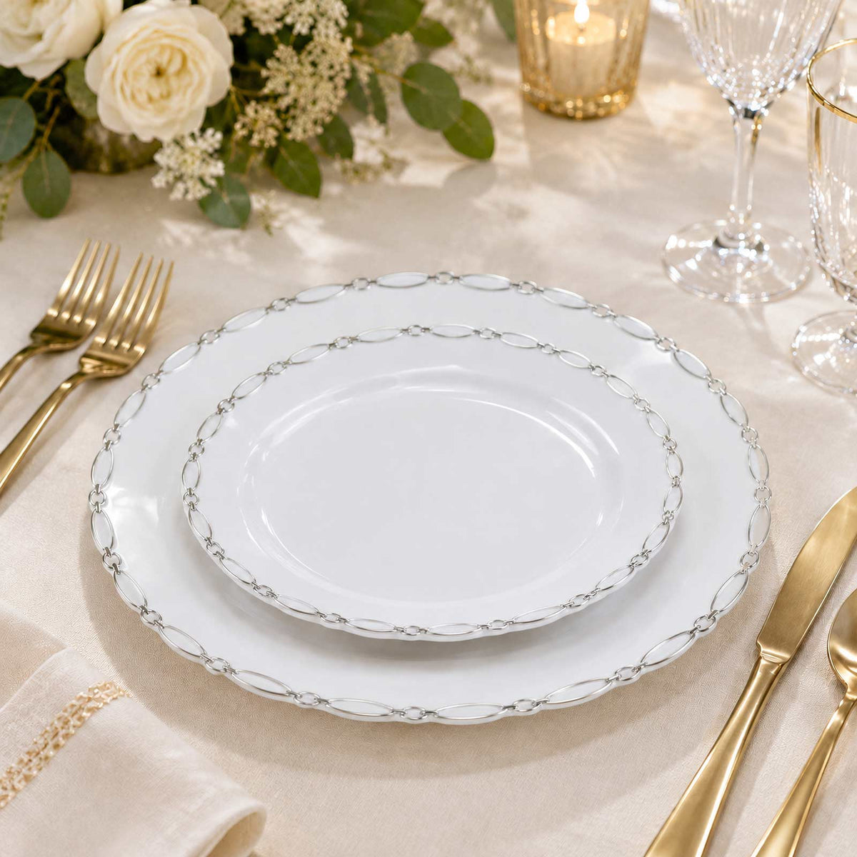 20 Pack White Plastic Dessert Plates, 7" Round with Silver Interlocking Chain Rim - Disposable Appet