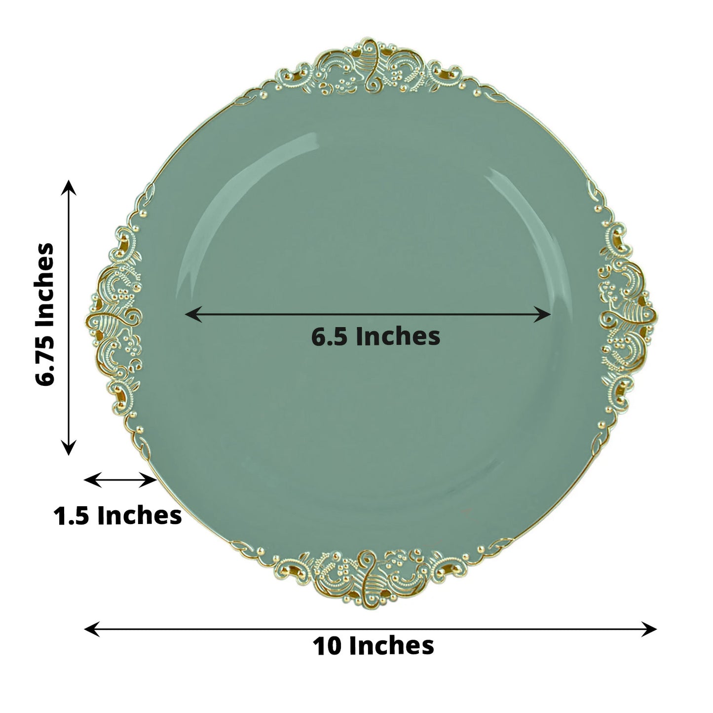 Vintage Dusty Sage Dinner Plastic Plates With Gold Leaf Embossed Rim In 10 Inch Size Wide