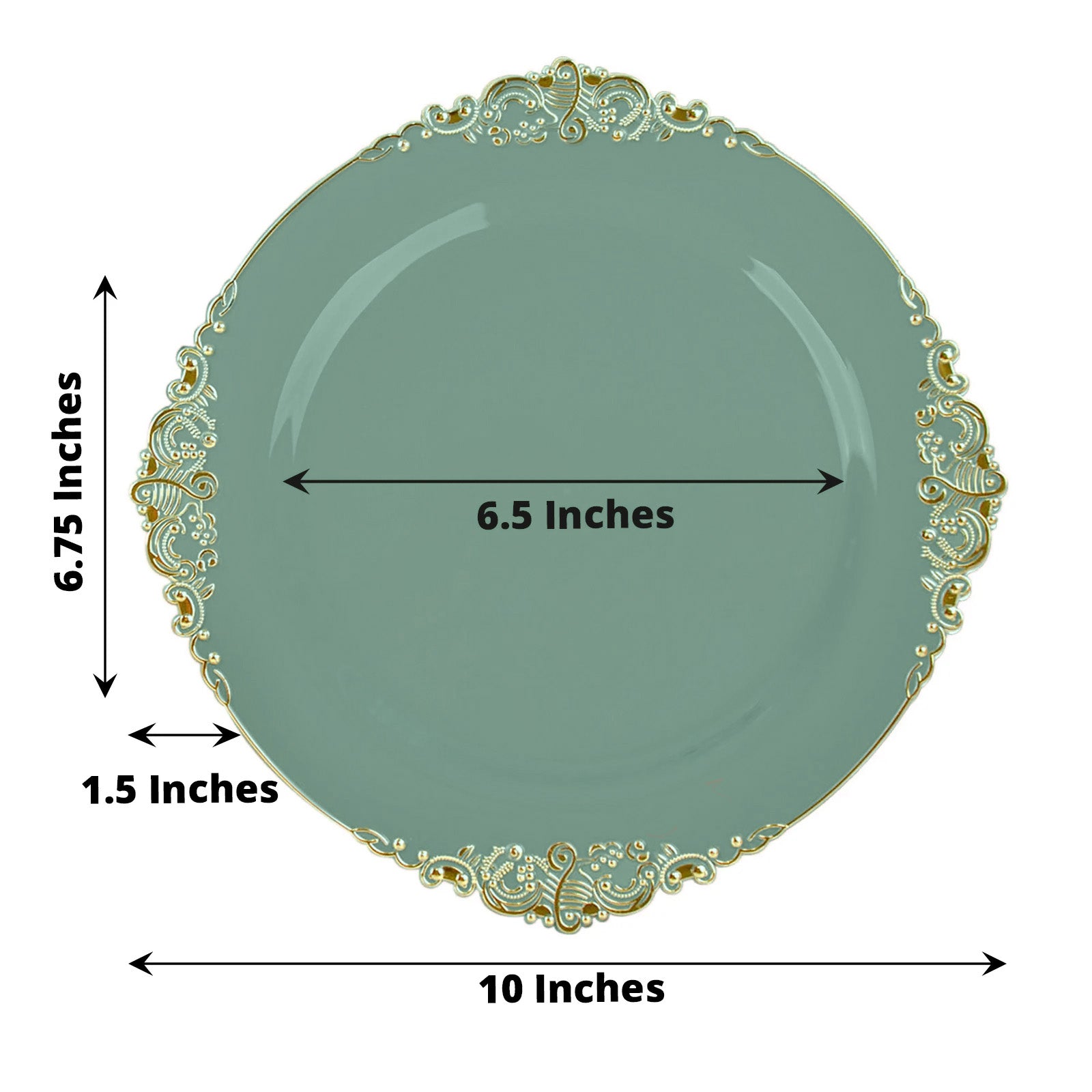 Vintage Dusty Sage Dinner Plastic Plates With Gold Leaf Embossed Rim In 10 Inch Size Wide