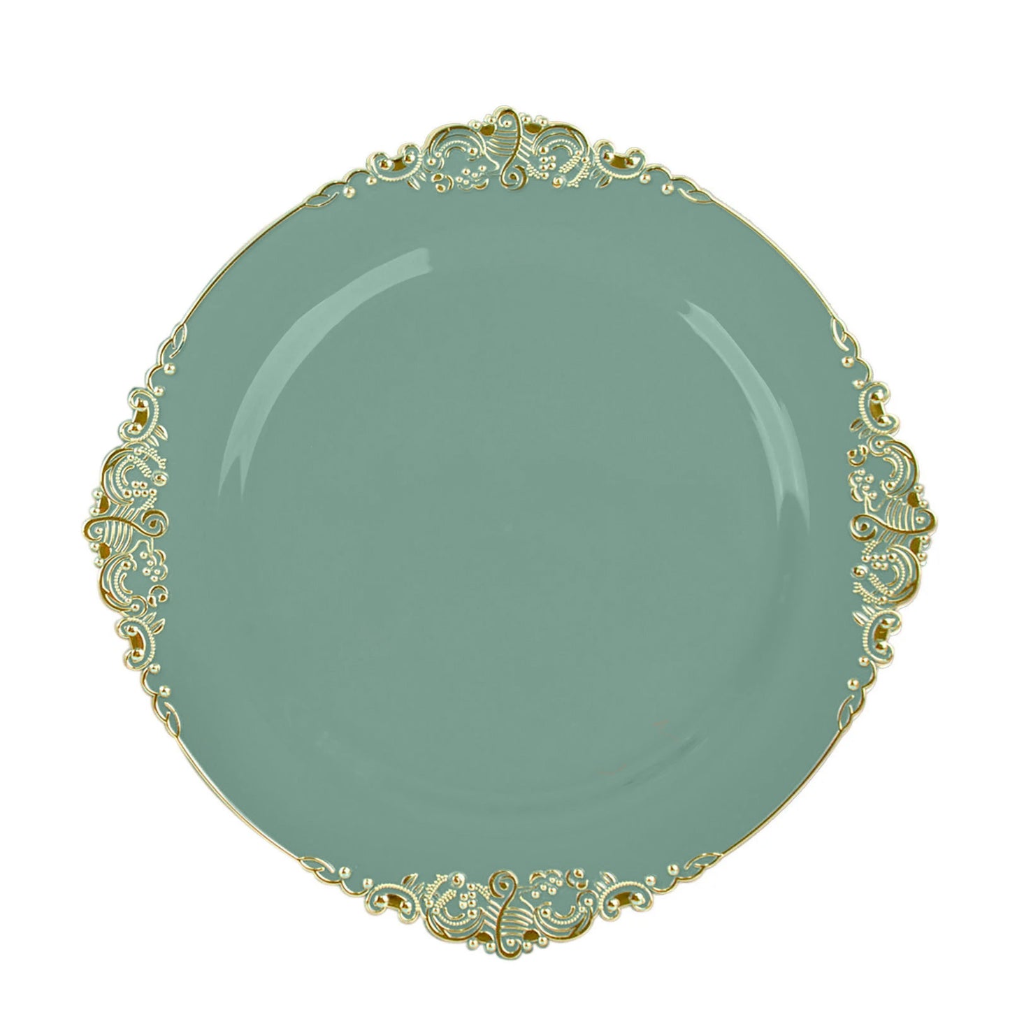 10 Pack 10" Dusty Sage Green Plastic Party Plates With Gold Leaf Embossed Baroque Rim, Round Disposable Dinner Plates