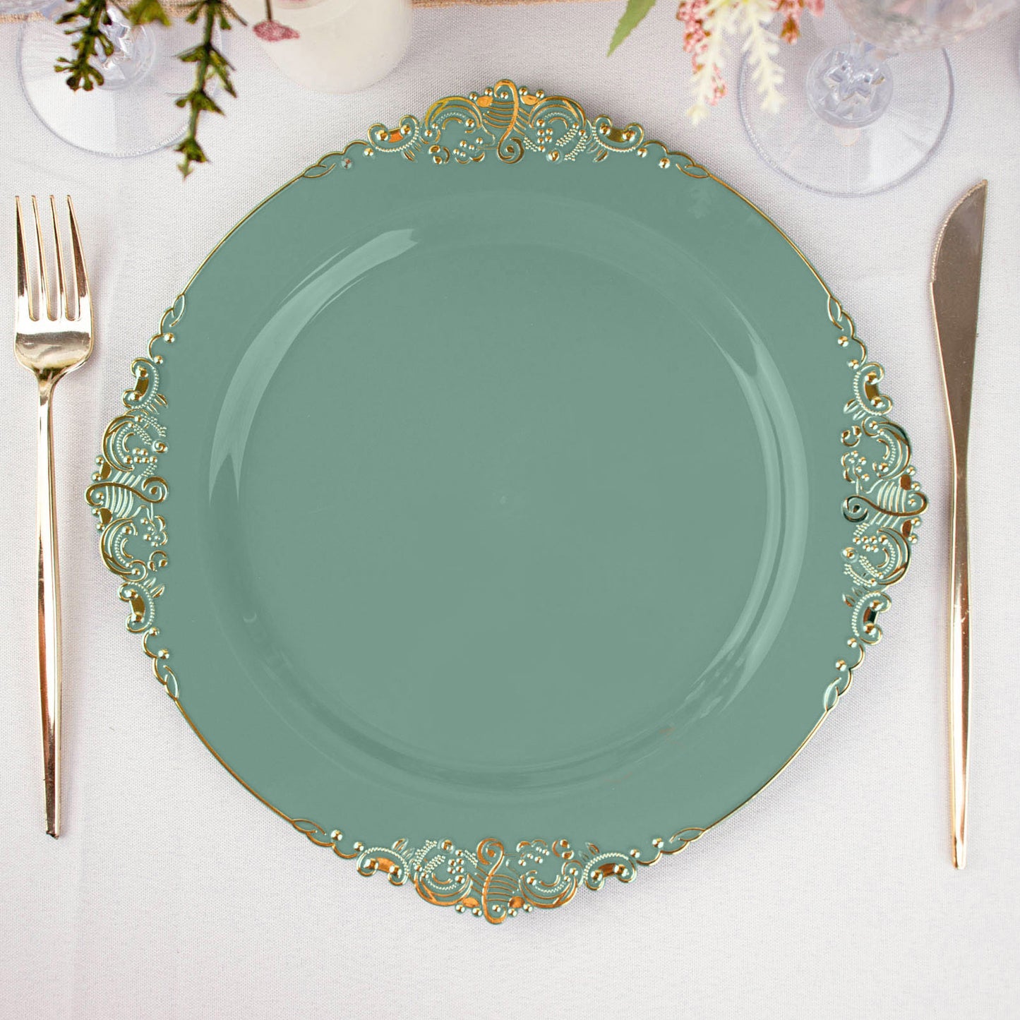 10 Pack 10" Dusty Sage Green Plastic Party Plates With Gold Leaf Embossed Baroque Rim, Round Disposable Dinner Plates