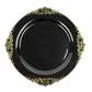 10 Pack 10" Black Plastic Party Plates With Gold Leaf Embossed Baroque Rim, Round Disposable Dinner Plates