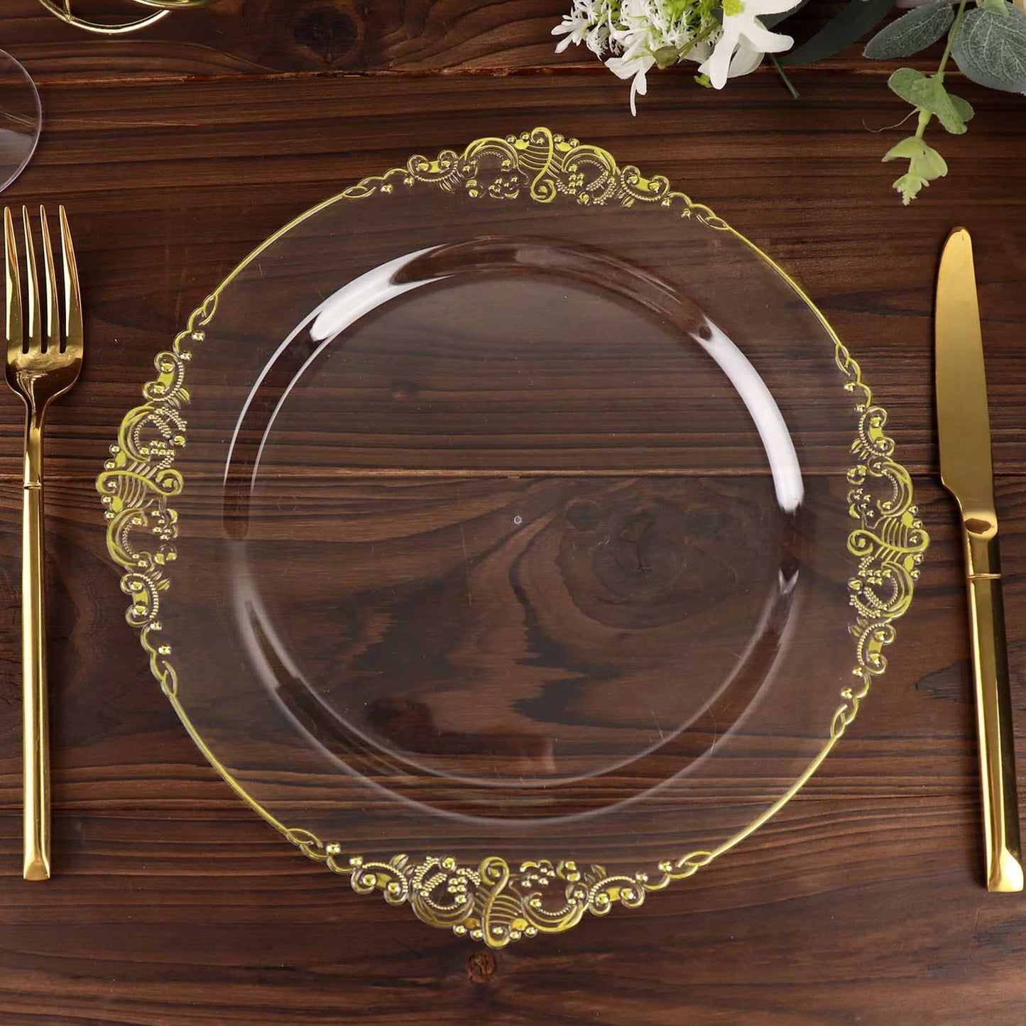 10 Pack 10" Clear Plastic Party Plates With Gold Leaf Embossed Baroque Rim, Round Disposable Dinner Plates