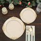 10 Pack 10" Ivory Plastic Party Plates With Gold Leaf Embossed Baroque Rim, Round Disposable Dinner Plates