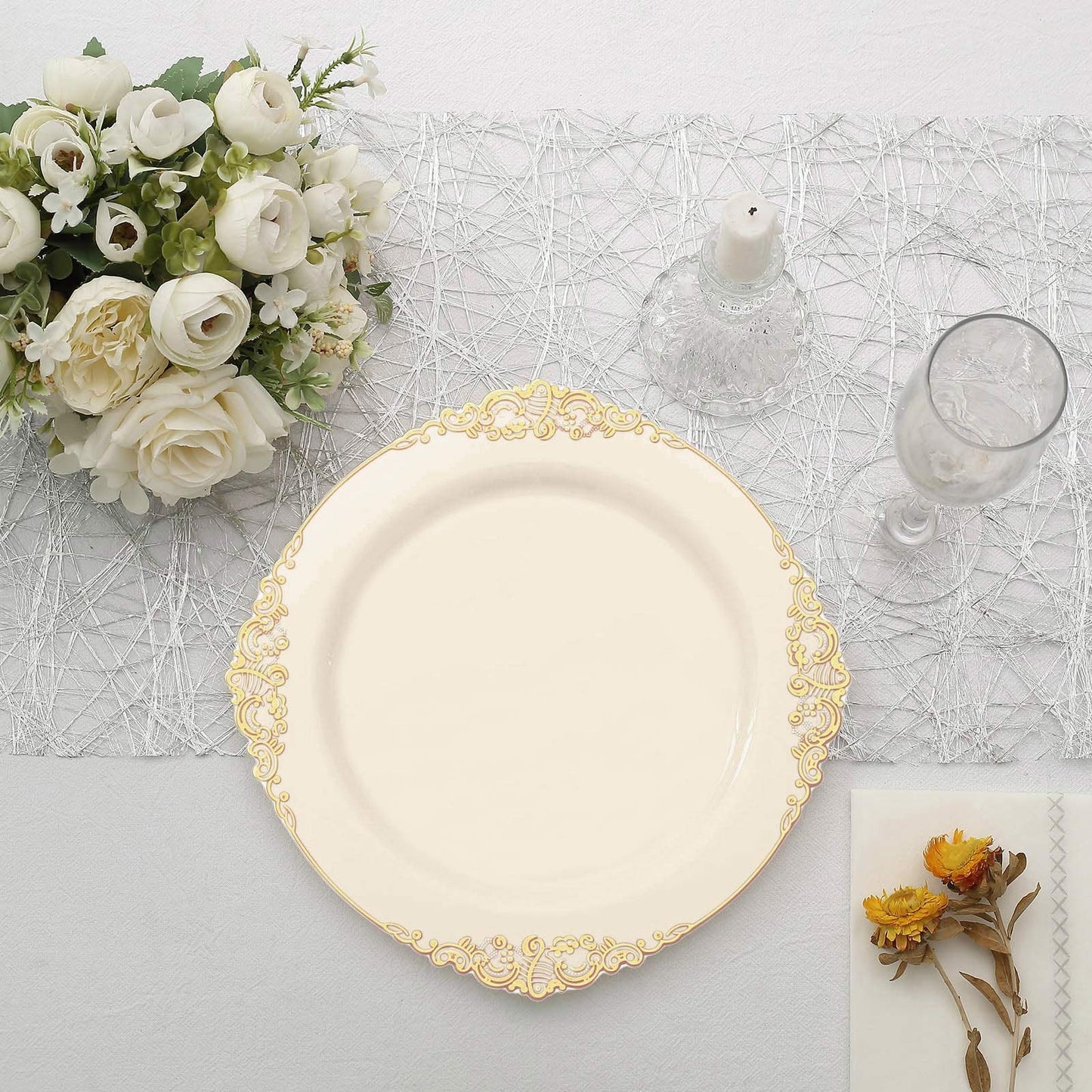 10 Pack 10" Ivory Plastic Party Plates With Gold Leaf Embossed Baroque Rim, Round Disposable Dinner Plates