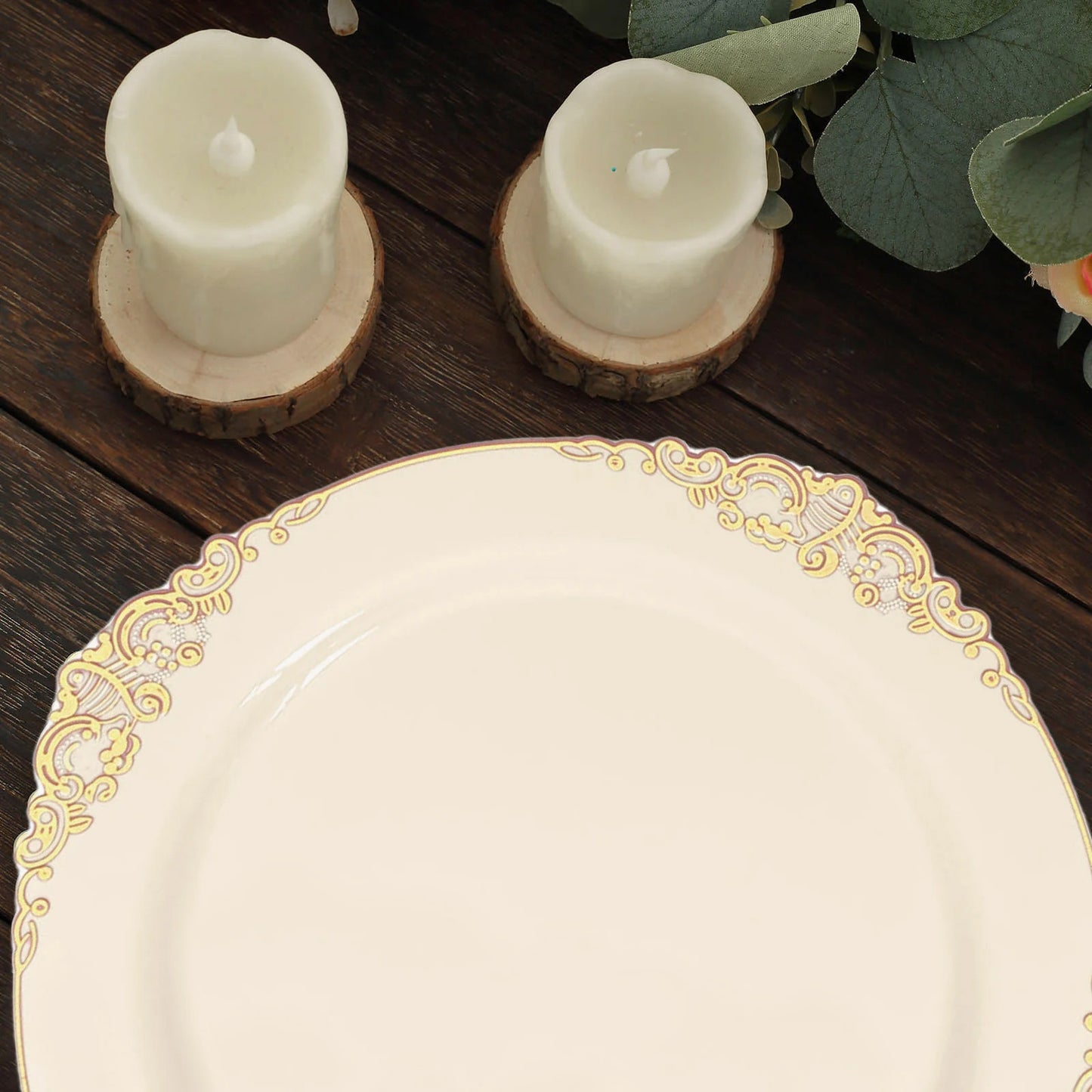 10 Pack 10" Ivory Plastic Party Plates With Gold Leaf Embossed Baroque Rim, Round Disposable Dinner Plates