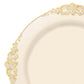10 Pack 10" Ivory Plastic Party Plates With Gold Leaf Embossed Baroque Rim, Round Disposable Dinner Plates