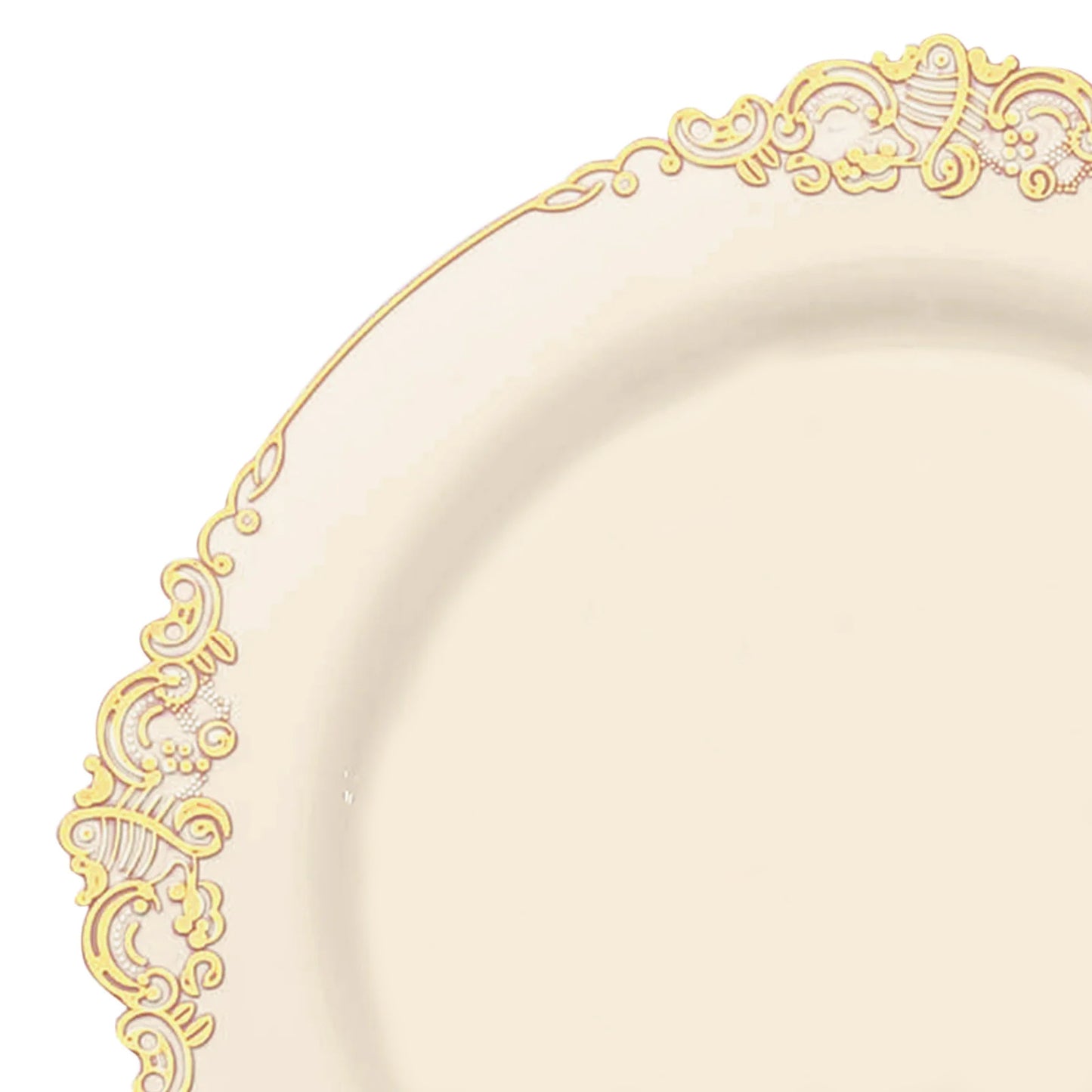 10 Pack 10" Ivory Plastic Party Plates With Gold Leaf Embossed Baroque Rim, Round Disposable Dinner Plates