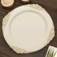 10 Pack 10" Ivory Plastic Party Plates With Gold Leaf Embossed Baroque Rim, Round Disposable Dinner Plates