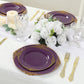10-Pack Plastic 10" Round Dinner Plates in Purple with Gold Leaf Embossed Rim - Disposable Vintage Baroque Style Plates