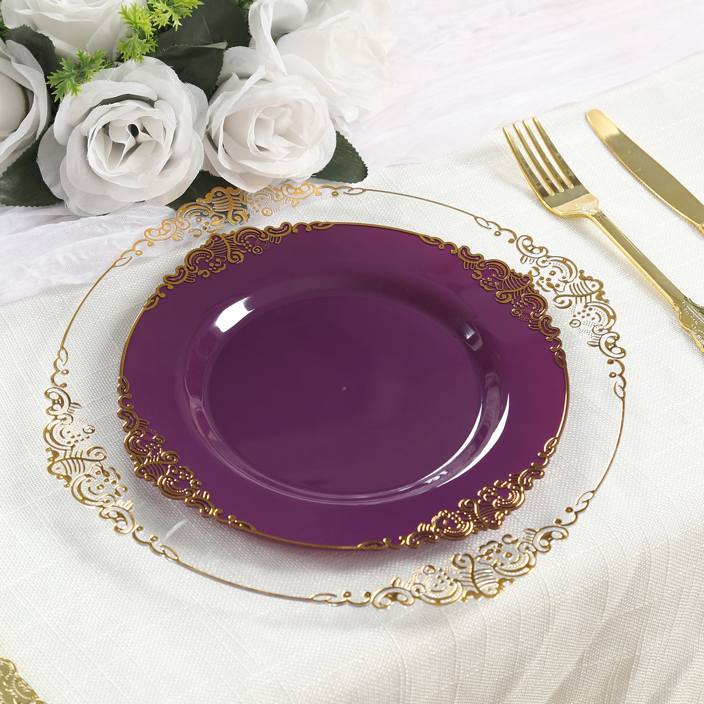10-Pack Plastic 10" Round Dinner Plates in Purple with Gold Leaf Embossed Rim - Disposable Vintage Baroque Style Plates