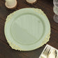 10 Pack 10" Sage Green Plastic Party Plates With Gold Leaf Embossed Baroque Rim, Round Disposable Dinner Plates