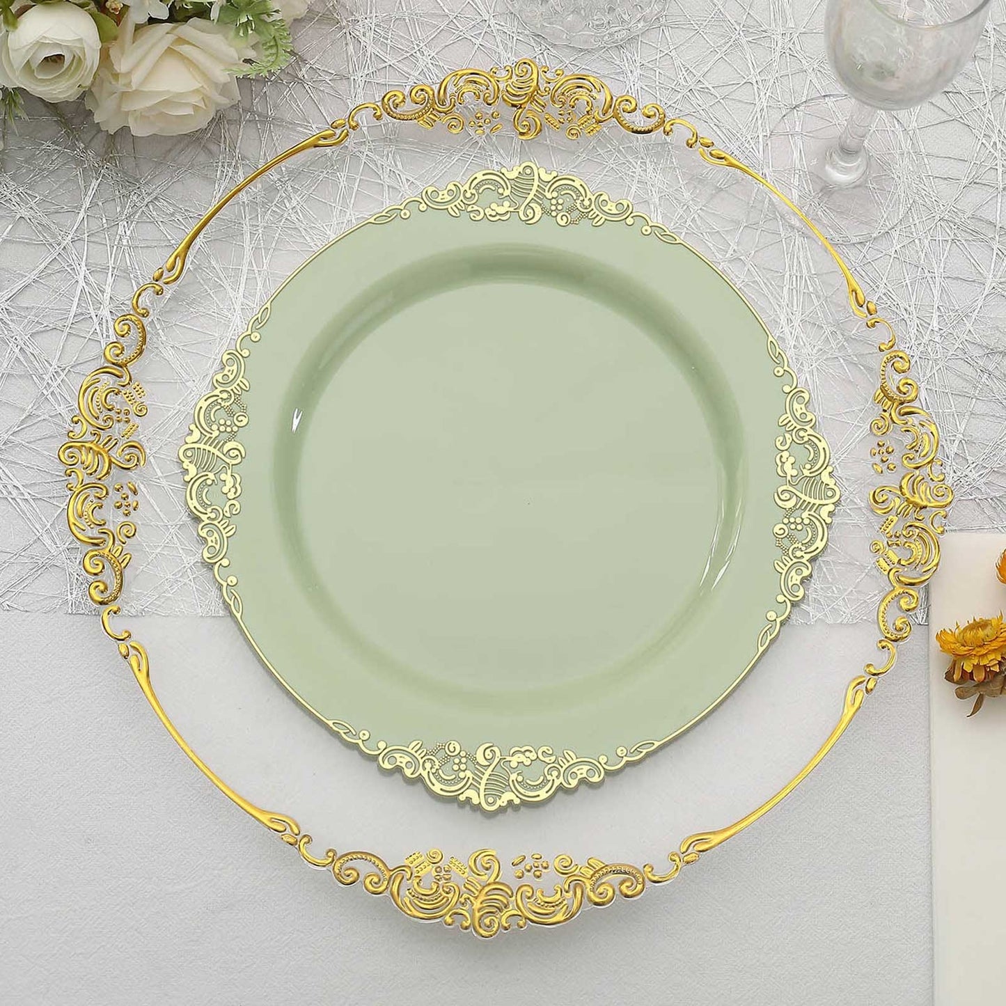 10 Pack 10" Sage Green Plastic Party Plates With Gold Leaf Embossed Baroque Rim, Round Disposable Dinner Plates