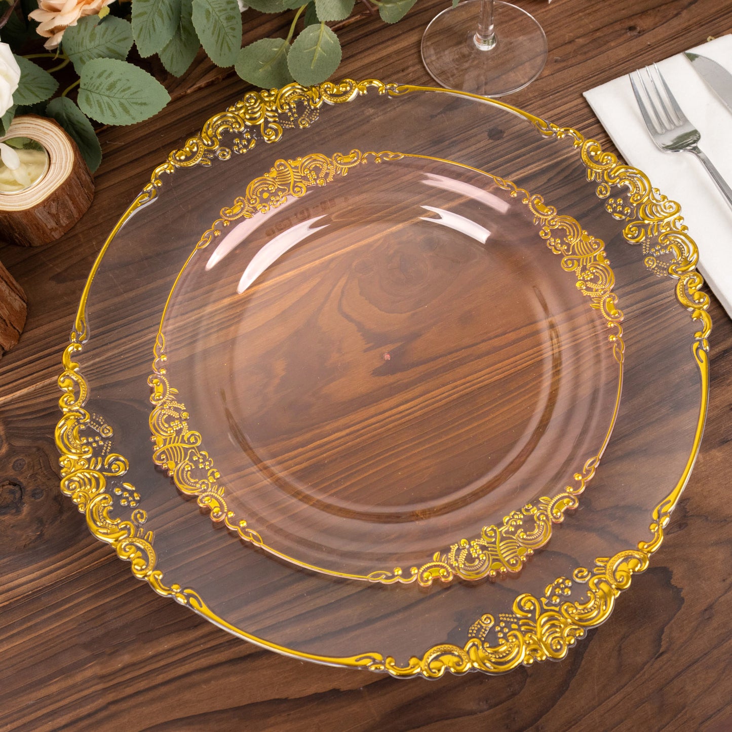 10 Pack 10" Transparent Blush Plastic Party Plates With Gold Leaf Embossed Baroque Rim, Round Disposable Dinner Plates