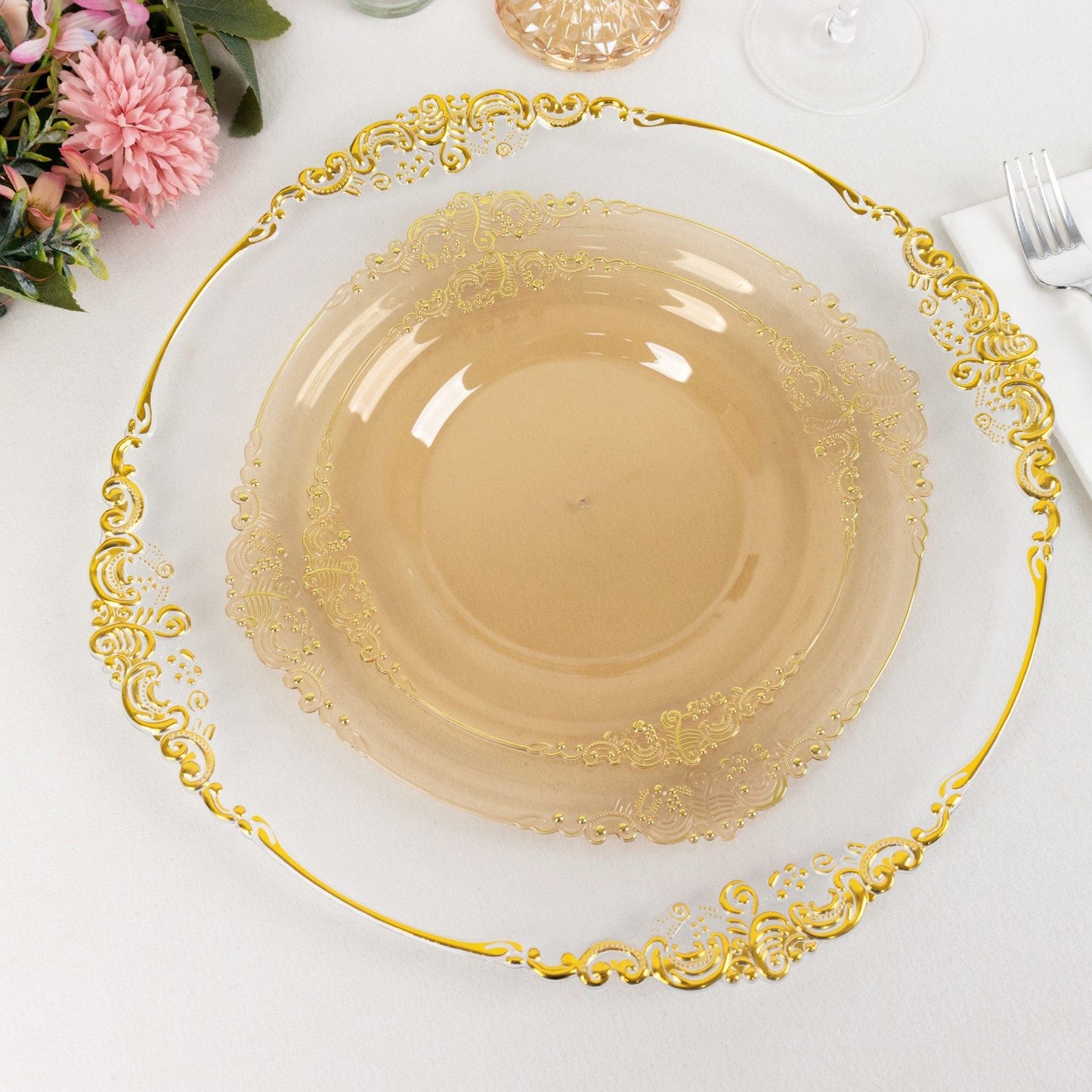 10 Pack Transparent Amber Gold Plastic Party Plates With Gold Leaf Embossed Baroque Rim, 10" Round Disposable Dinner Plates