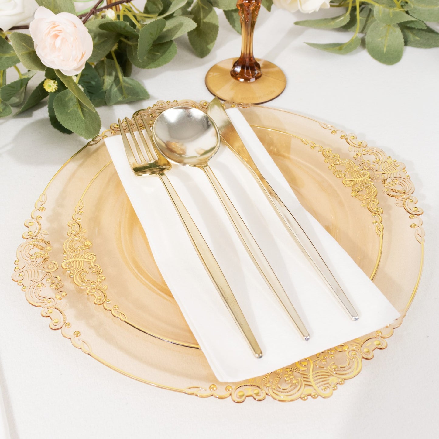 10 Pack Transparent Amber Gold Plastic Party Plates With Gold Leaf Embossed Baroque Rim, 10" Round Disposable Dinner Plates