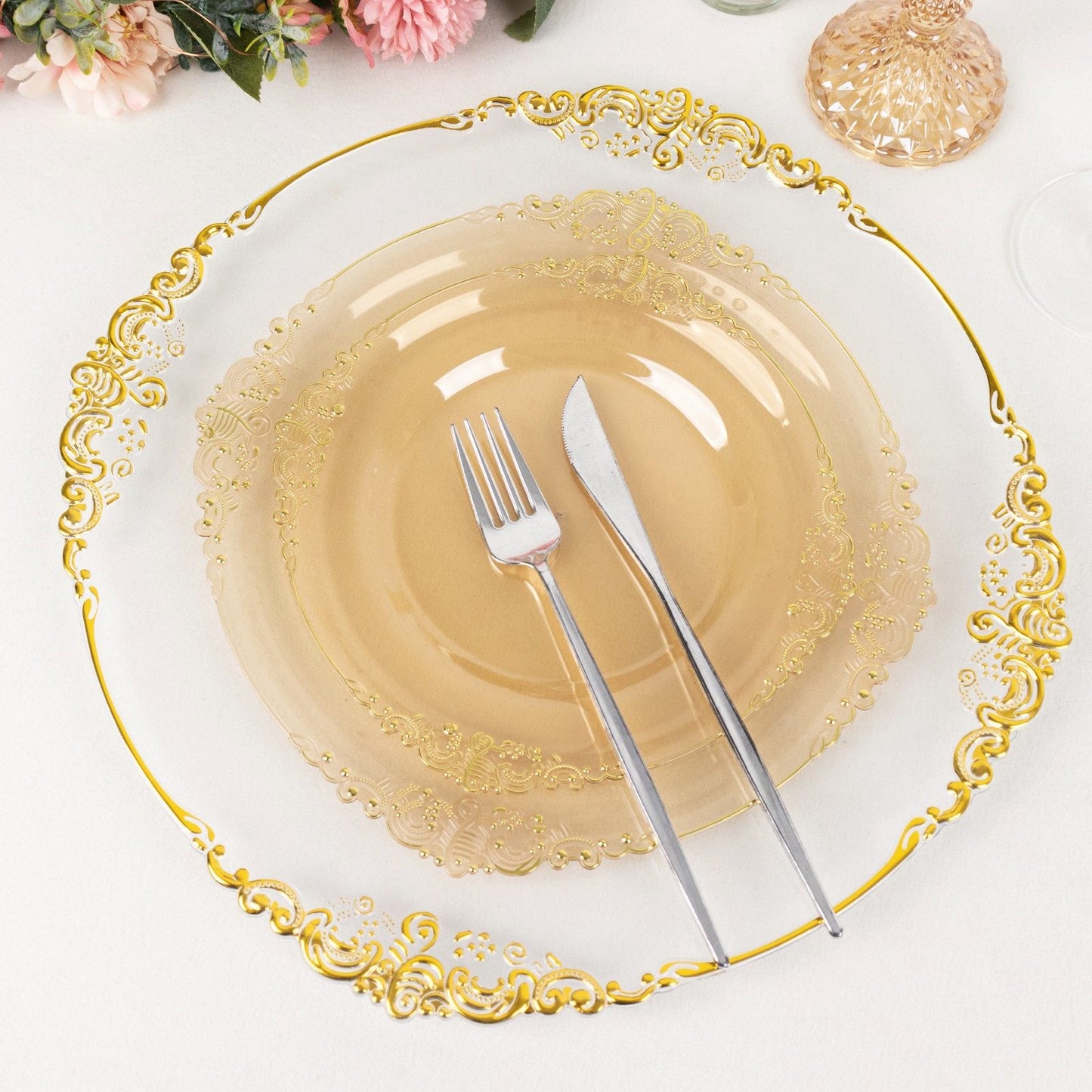 10 Pack Transparent Amber Gold Plastic Party Plates With Gold Leaf Embossed Baroque Rim, 10" Round Disposable Dinner Plates