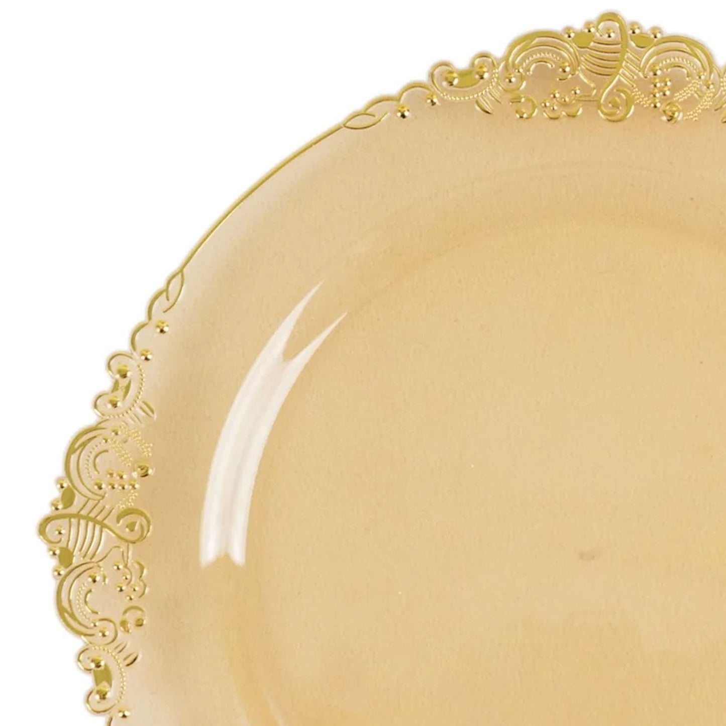 10 Pack Transparent Amber Gold Plastic Party Plates With Gold Leaf Embossed Baroque Rim, 10" Round Disposable Dinner Plates