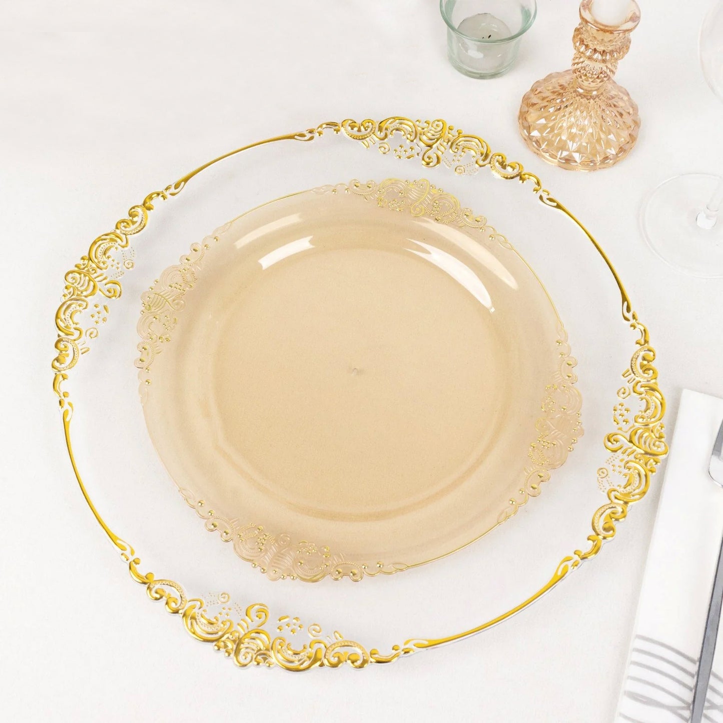 10 Pack Transparent Amber Gold Plastic Party Plates With Gold Leaf Embossed Baroque Rim, 10" Round Disposable Dinner Plates