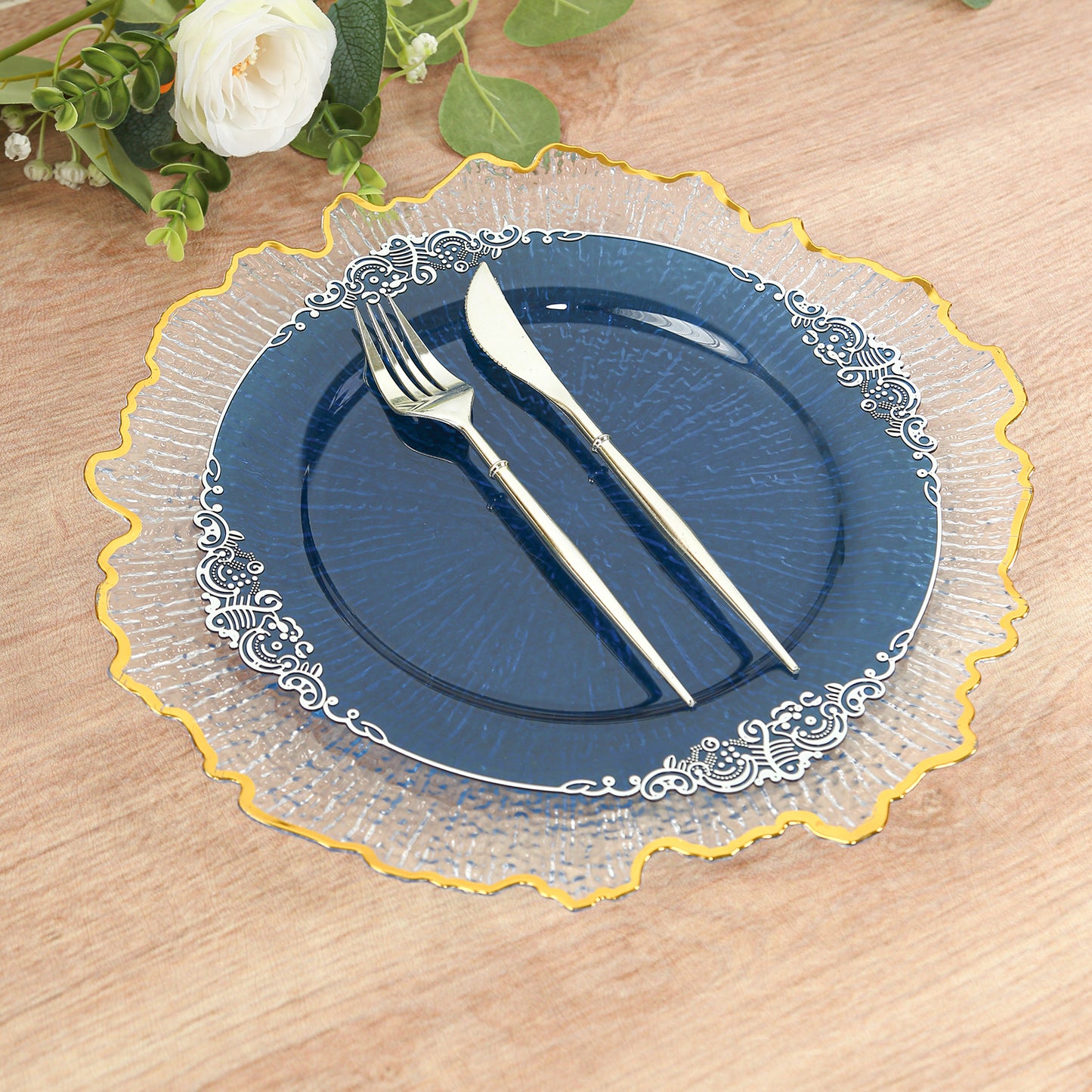 10 Pack Transparent Navy Blue Disposable Party Plates with Silver Leaf Embossed Baroque Rim, Round Plastic Dinner Plates - 10"