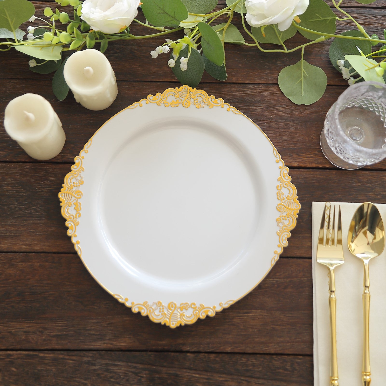 Disposable White Plates With Gold Embossed Rim 10 Pack 10 Inch