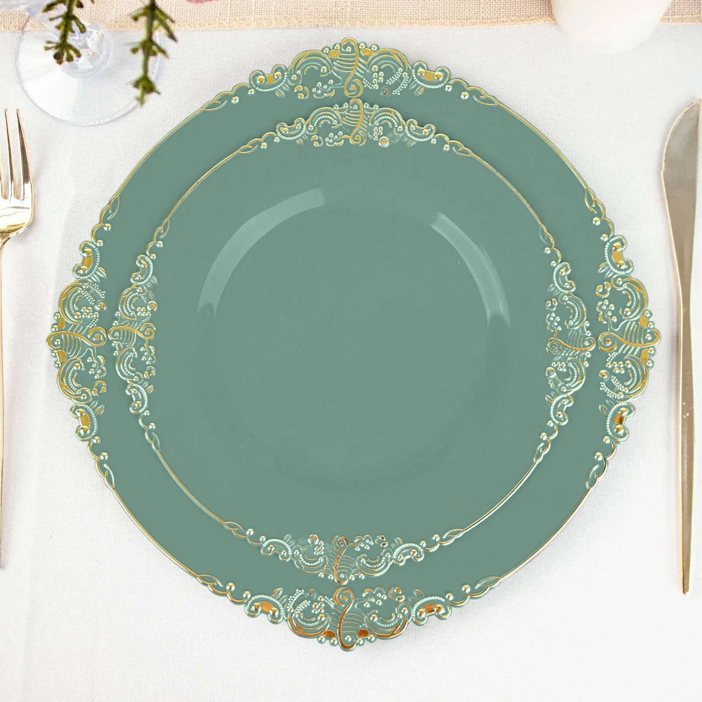 10 Pack 8" Dusty Sage Green Plastic Salad Plates With Gold Leaf Embossed Baroque Rim, Round Disposable Appetizer Dessert Plates
