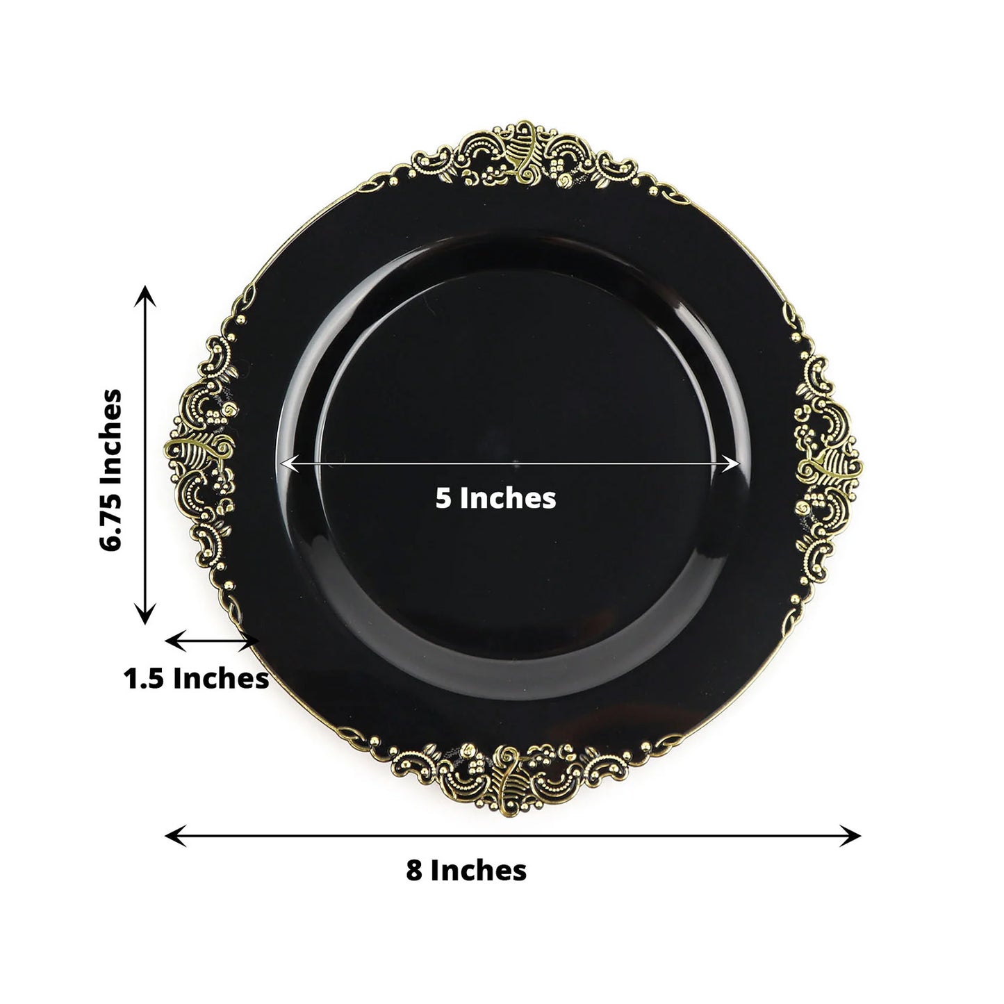 10 Pack 8" Black Plastic Salad Plates With Gold Leaf Embossed Baroque Rim, Round Disposable Appetizer Dessert Plates