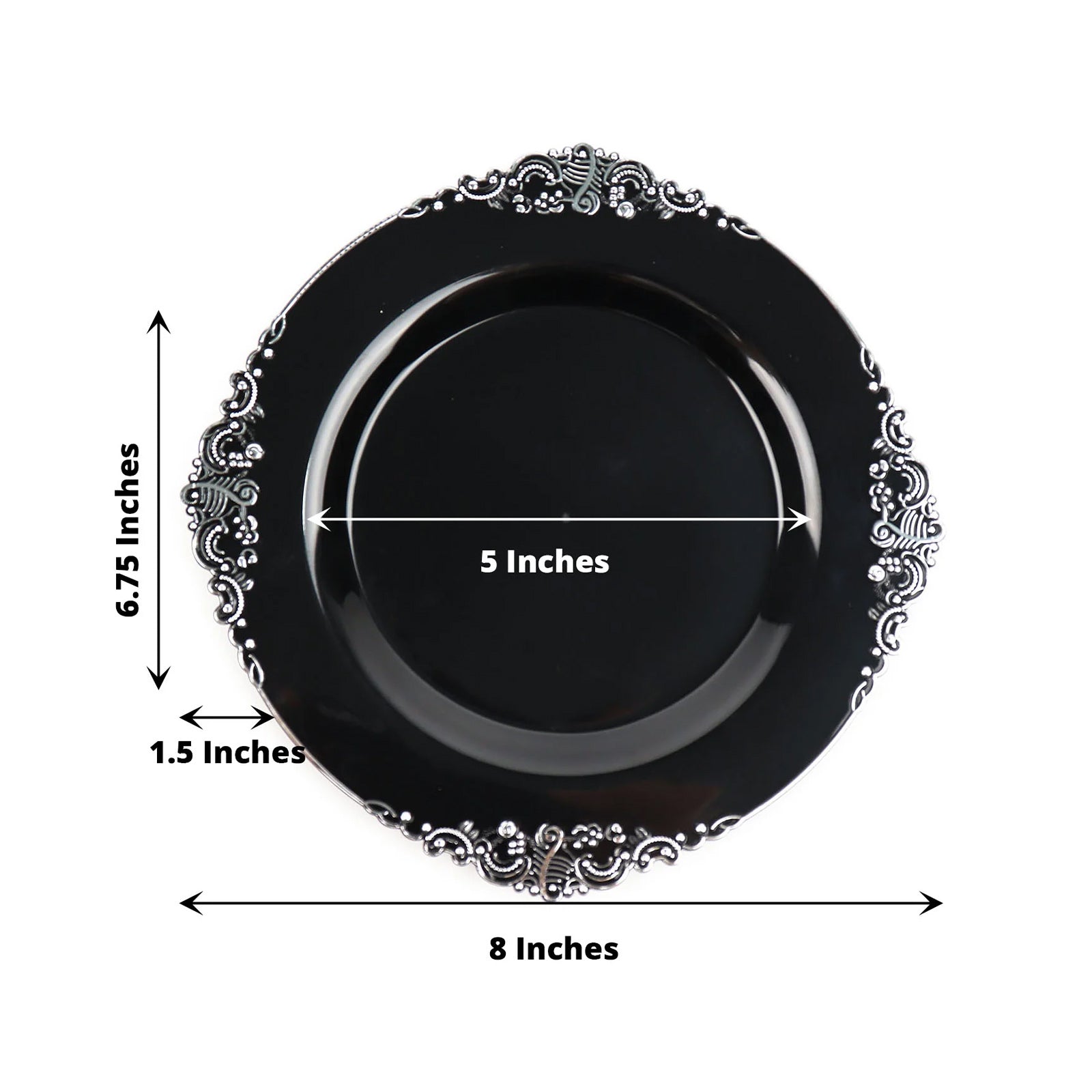 8 Inch Disposable Round Plastic Dessert Vintage Plates Black and Silver Leaf Embossed Design