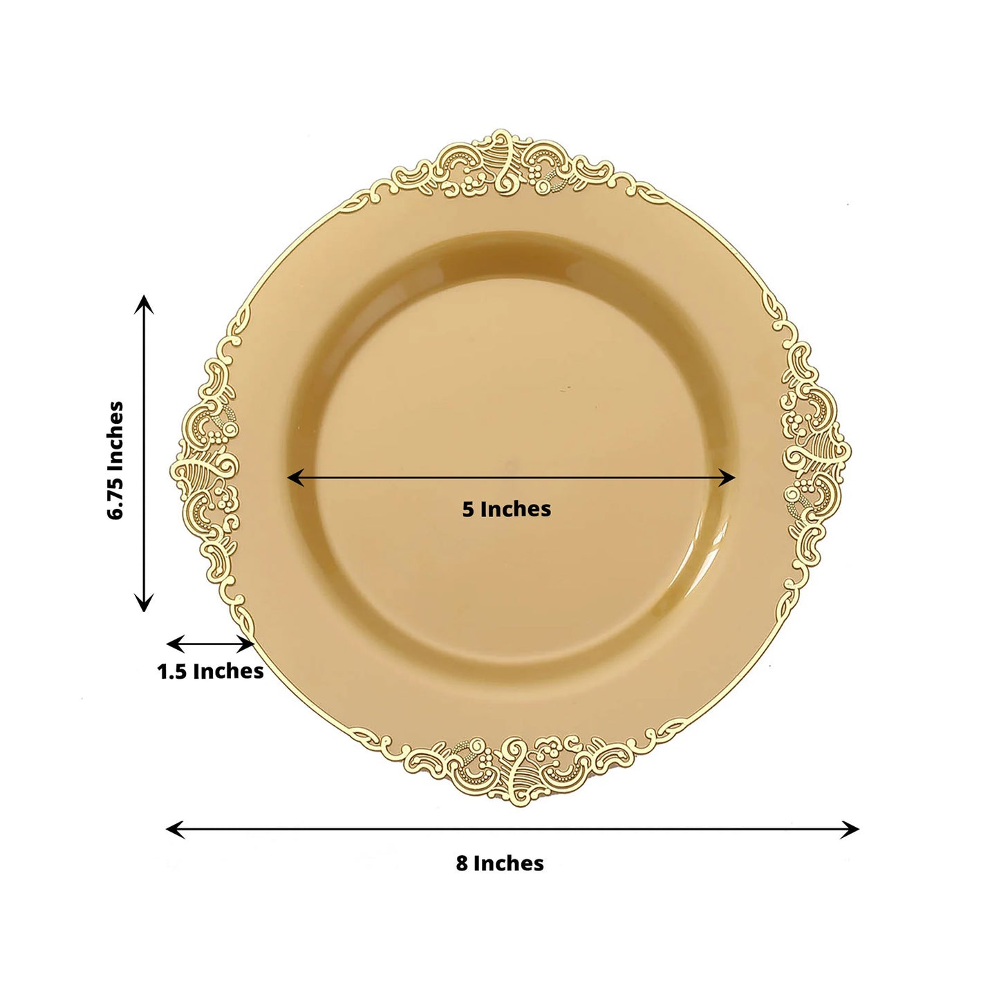 10 Pack | 8inch Round Plastic Dessert Salad Plates In Vintage Gold, Leaf Embossed Baroque