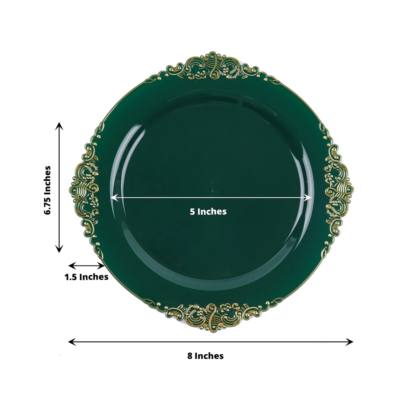 10 Pack Hunter Emerald Green 8 Inch Round Plastic Plates with Gold Leaf Embossed Baroque Design