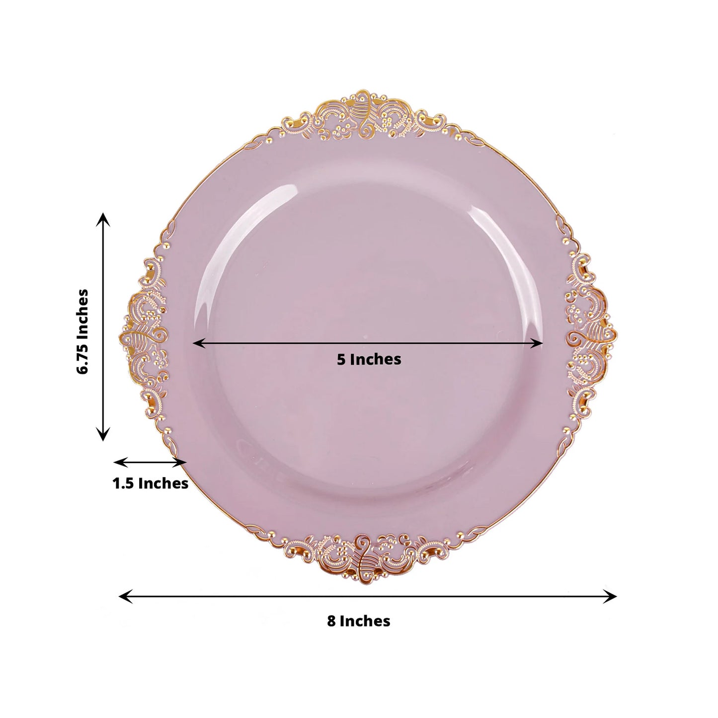 8 Inch Size Vintage Lavender Lilac Gold Leaf Embossed Rim Hard Plastic Plates