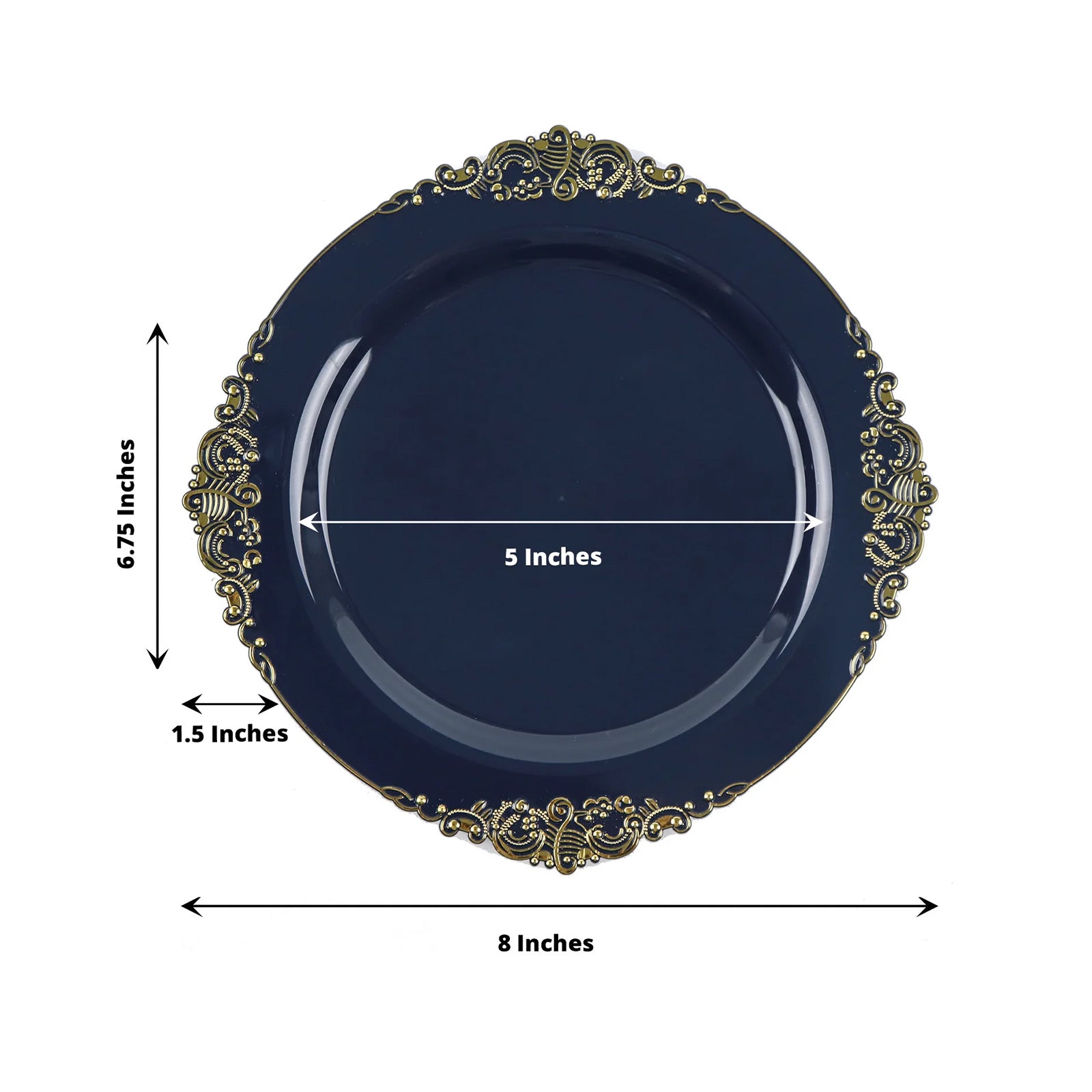 10 Pack Navy Blue 8 Inch Round Plastic Plates with Gold Leaf Embossed Baroque Design