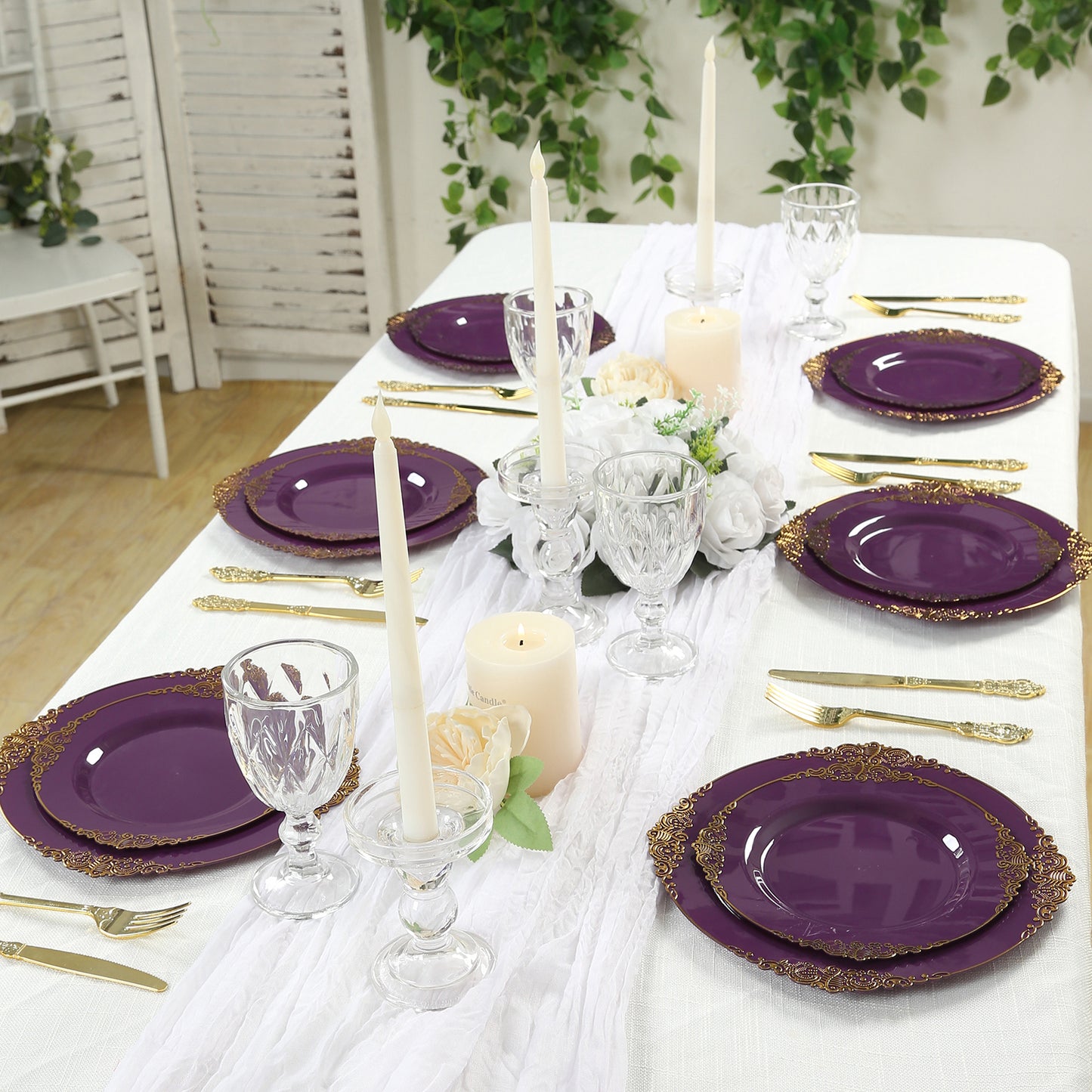 10-Pack Plastic 8" Round Dessert Plates in Purple with Gold Leaf Embossed Rim - Disposable Vintage Baroque Style Salad Plates
