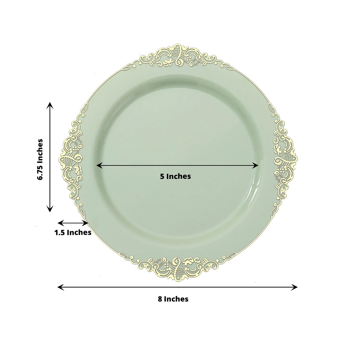 10 Pack 8" Sage Green Plastic Salad Plates With Gold Leaf Embossed Baroque Rim, Round Disposable Appetizer Dessert Plates