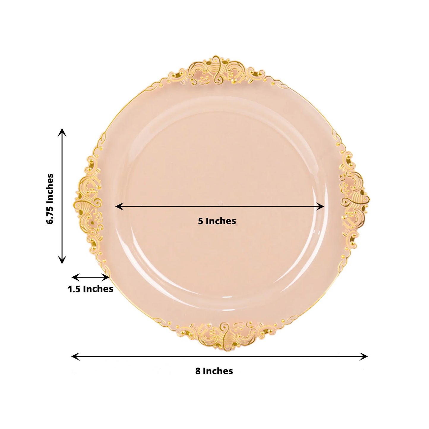 10 Pack 8" Transparent Blush Plastic Salad Plates With Gold Leaf Embossed Baroque Rim, Round Disposable Appetizer Dessert Plates