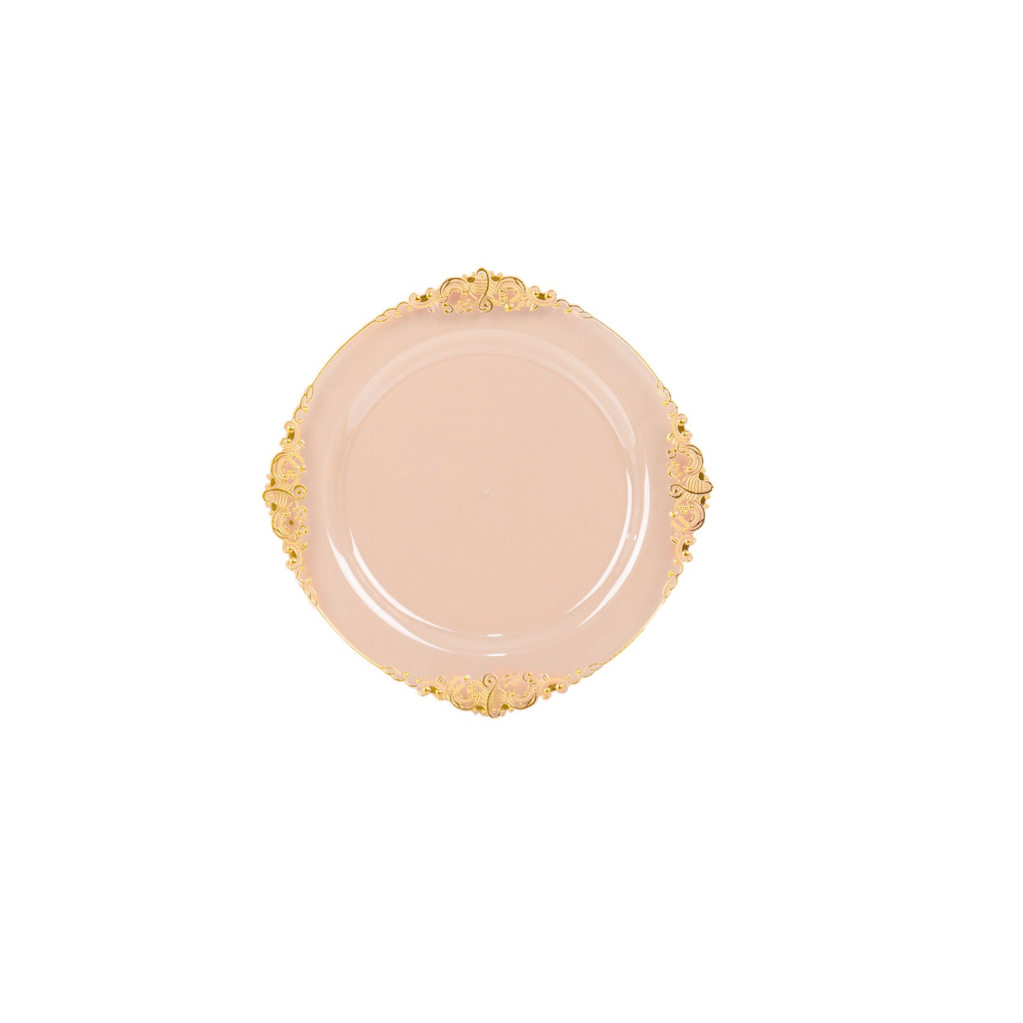 10 Pack 8" Transparent Blush Plastic Salad Plates With Gold Leaf Embossed Baroque Rim, Round Disposable Appetizer Dessert Plates