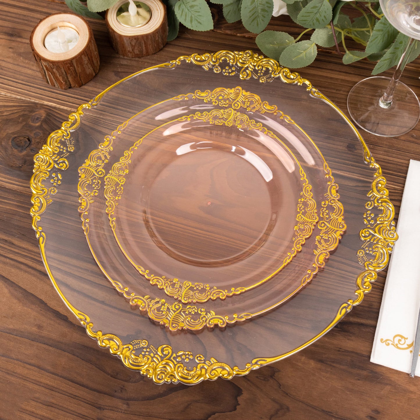 10 Pack 8" Transparent Blush Plastic Salad Plates With Gold Leaf Embossed Baroque Rim, Round Disposable Appetizer Dessert Plates