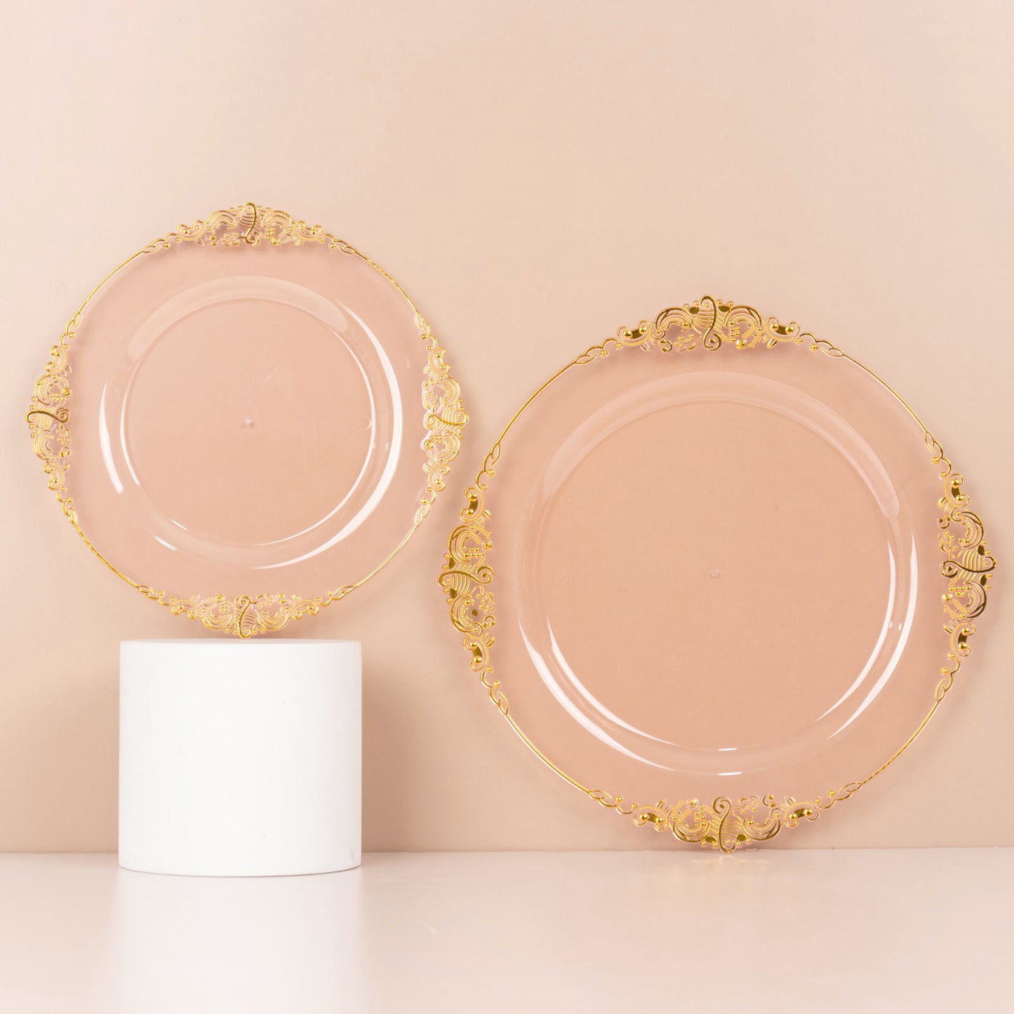 10 Pack 8" Transparent Blush Plastic Salad Plates With Gold Leaf Embossed Baroque Rim, Round Disposable Appetizer Dessert Plates