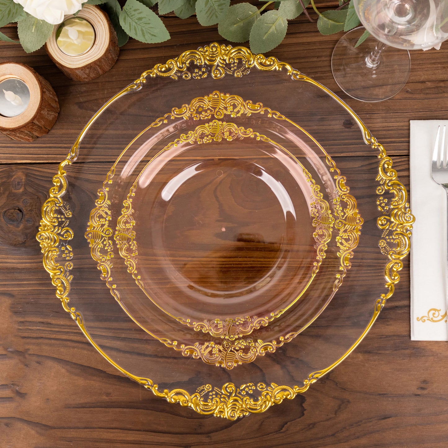 10 Pack 8" Transparent Blush Plastic Salad Plates With Gold Leaf Embossed Baroque Rim, Round Disposable Appetizer Dessert Plates