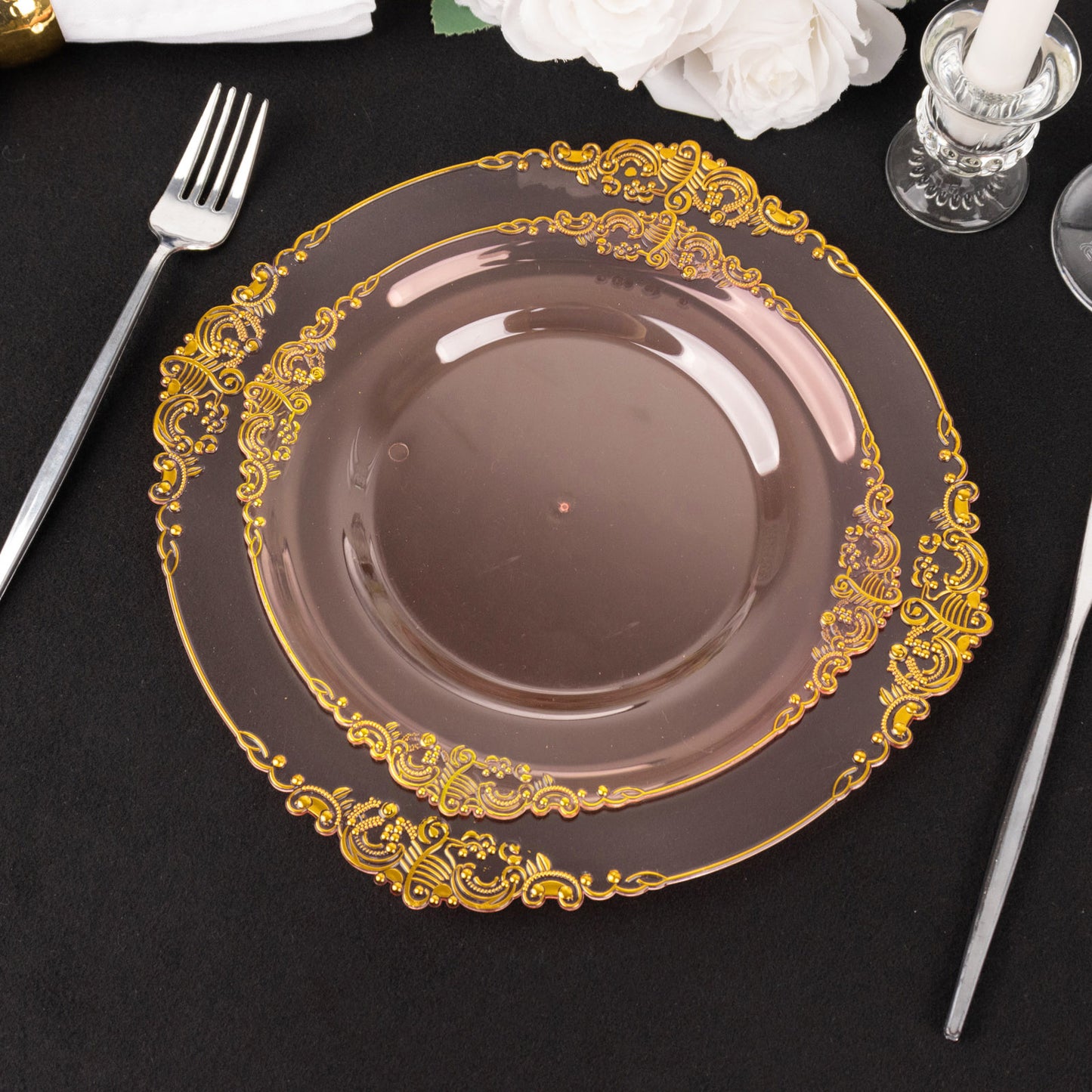 10 Pack 8" Transparent Blush Plastic Salad Plates With Gold Leaf Embossed Baroque Rim, Round Disposable Appetizer Dessert Plates