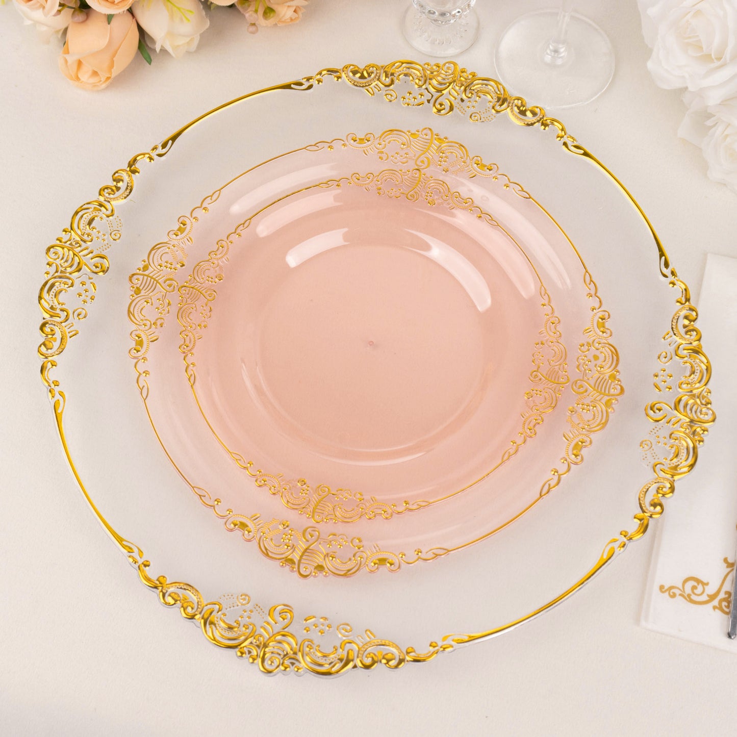 10 Pack 8" Transparent Blush Plastic Salad Plates With Gold Leaf Embossed Baroque Rim, Round Disposable Appetizer Dessert Plates