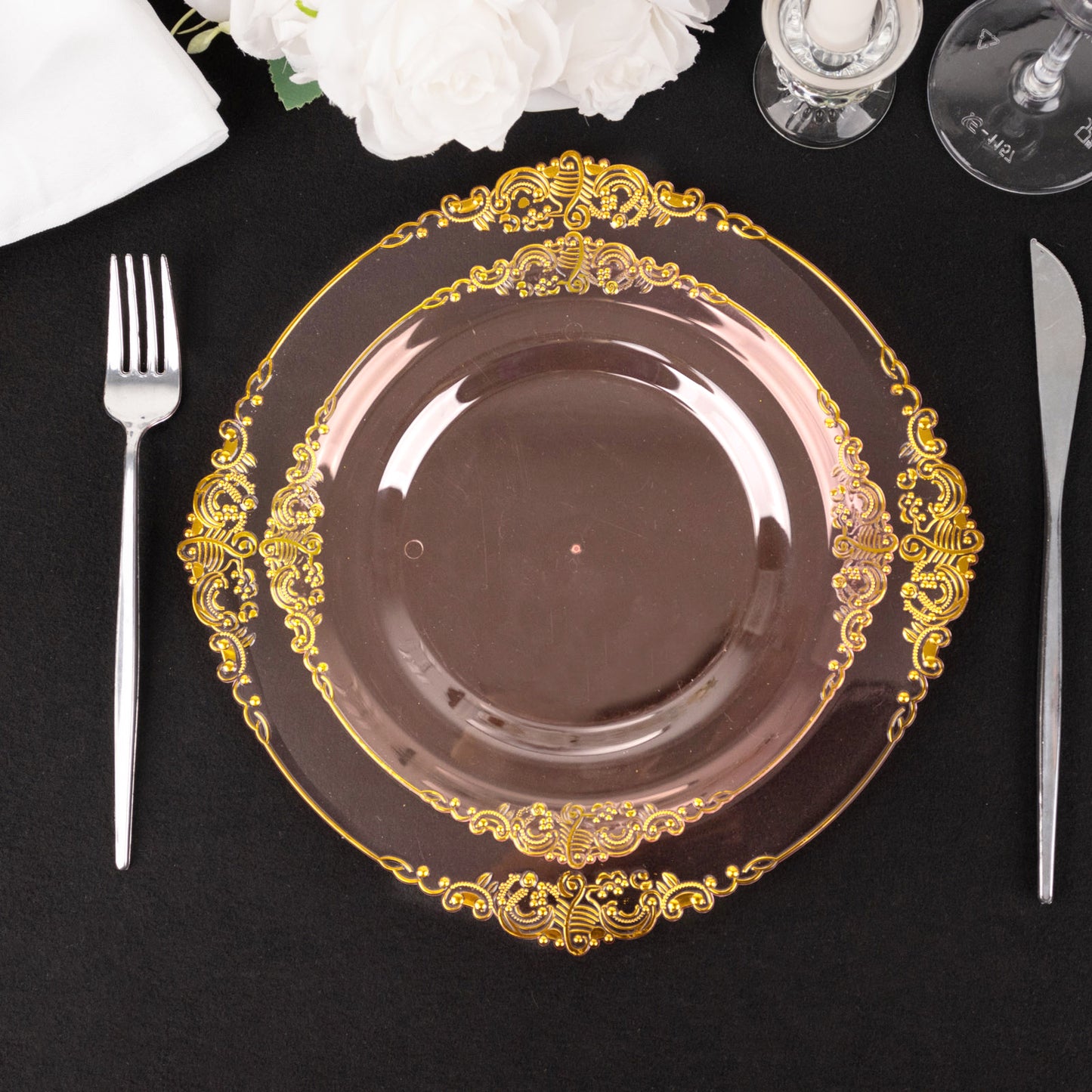 10 Pack 8" Transparent Blush Plastic Salad Plates With Gold Leaf Embossed Baroque Rim, Round Disposable Appetizer Dessert Plates