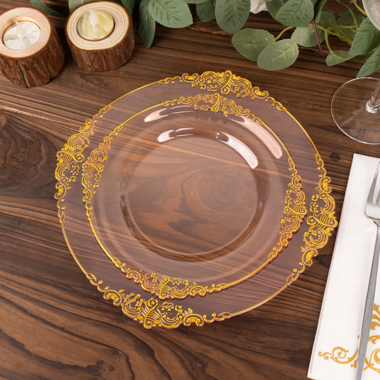 10 Pack 8" Transparent Blush Plastic Salad Plates With Gold Leaf Embossed Baroque Rim, Round Disposable Appetizer Dessert Plates