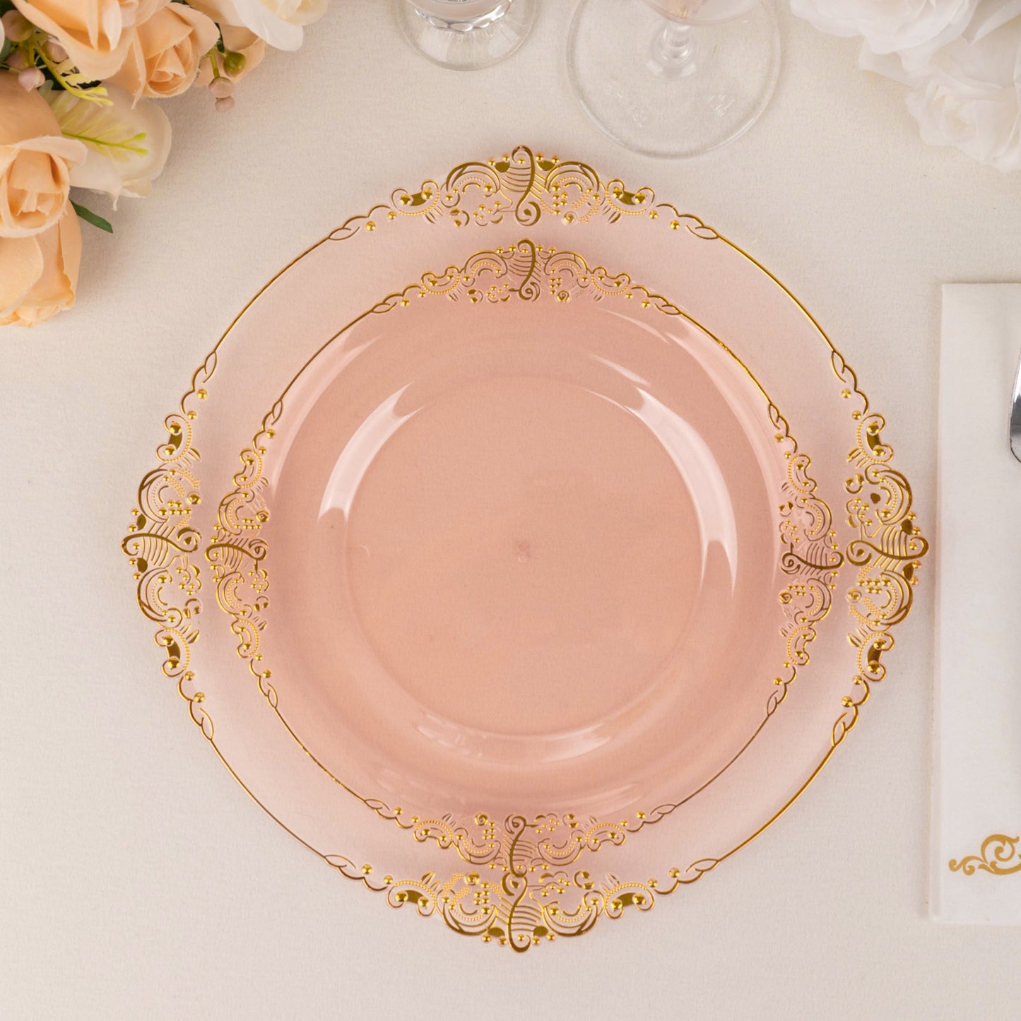 10 Pack 8" Transparent Blush Plastic Salad Plates With Gold Leaf Embossed Baroque Rim, Round Disposable Appetizer Dessert Plates