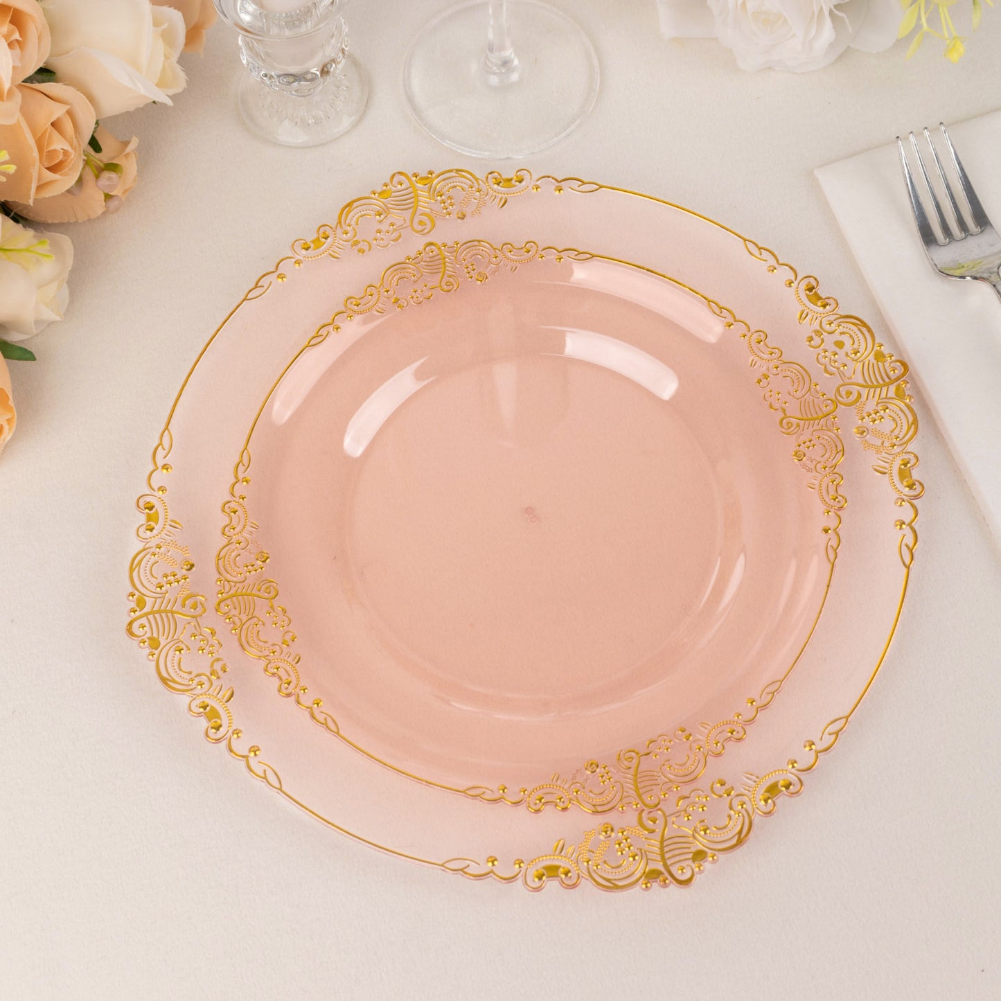 10 Pack 8" Transparent Blush Plastic Salad Plates With Gold Leaf Embossed Baroque Rim, Round Disposable Appetizer Dessert Plates