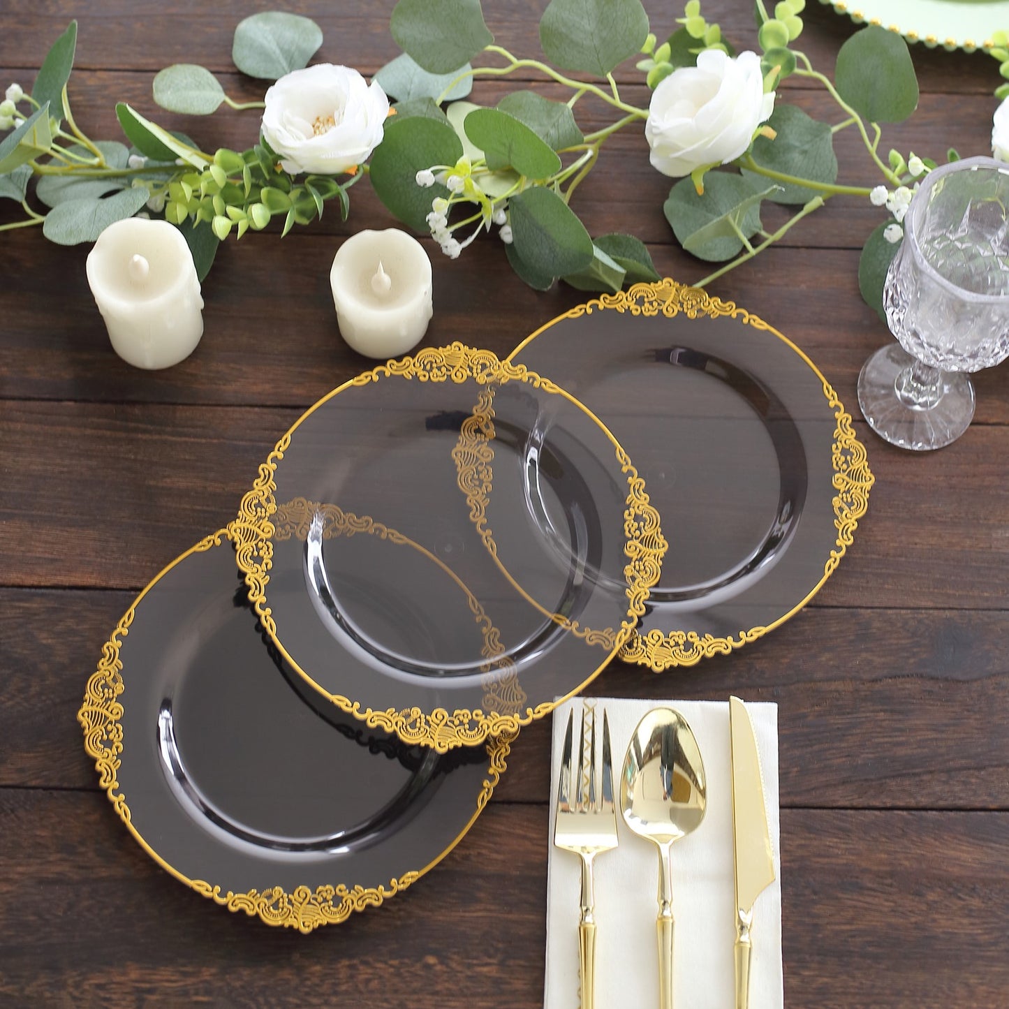 10 Pack Transparent Black Disposable Salad Plates with Gold Leaf Embossed Baroque Rim, Round Plastic Appetizer Dessert Plates - 8"